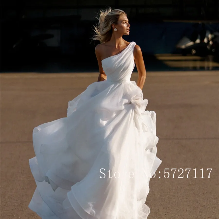 One Shoulder A-line Ruched Organza Princess Wedding Bridal Gown