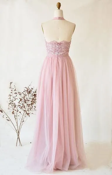 Pink Tulle Lace Strapless High Neck Long Senior Prom Dress  PSK106