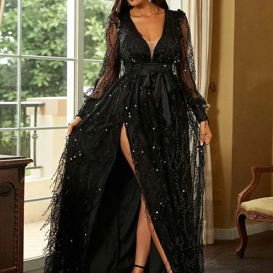 Plunging Neck Lantern Sleeve Front Split Long Sequin Organza Dress