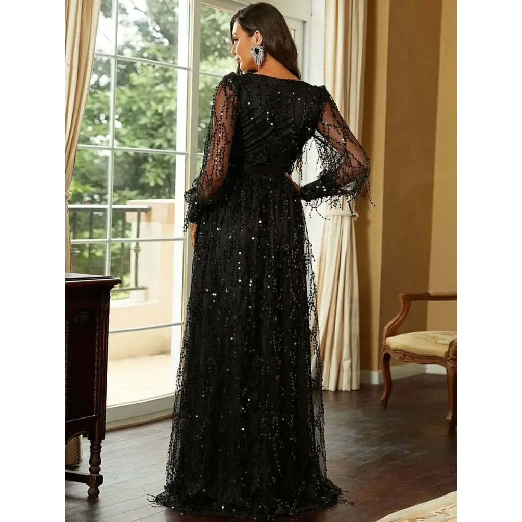 Plunging Neck Lantern Sleeve Front Split Long Sequin Organza Dress