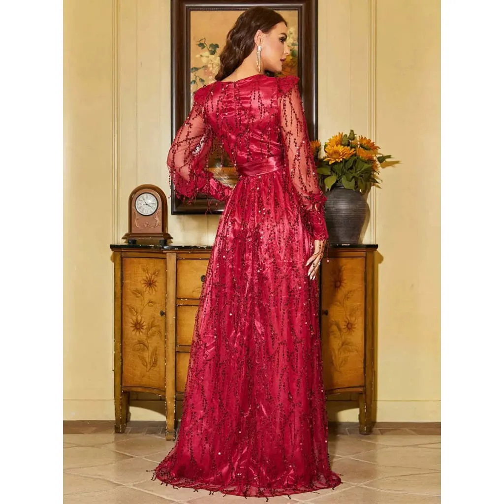 Plunging Neck Lantern Sleeve Front Split Long Sequin Organza Dress