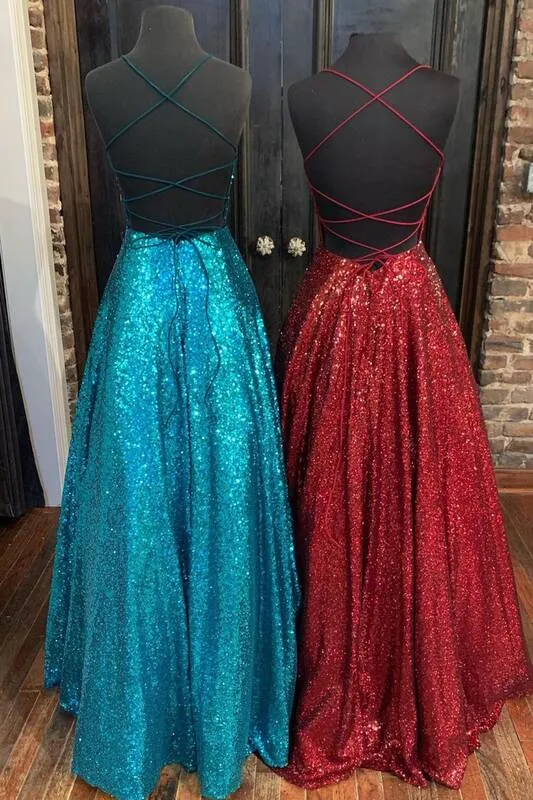 Princess A-line Sequins Long Prom Dress