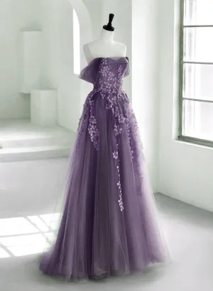 Purple A-line Tulle with Lace Long Formal Dress, Purple Prom Dress Evening Dress