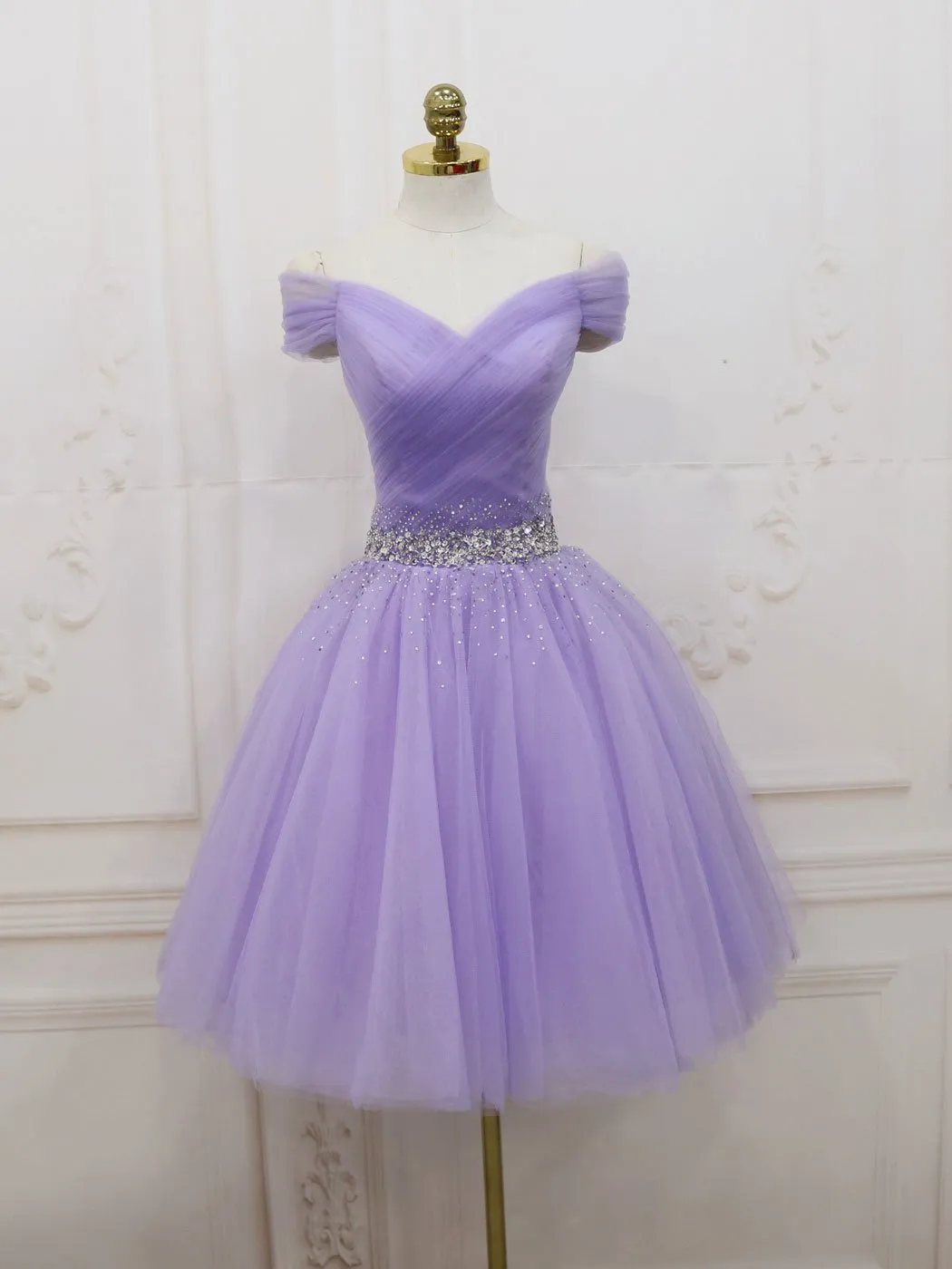 Purple Off Shoulder Tulle Sequin Prom Dress, Purple Homecoming Dress