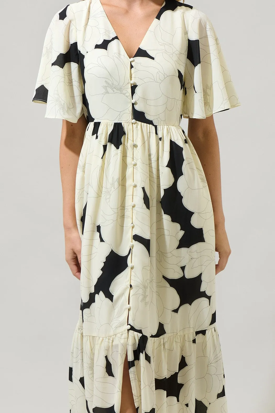 Quinsy Floral Pismo Button Down Flutter Maxi Dress