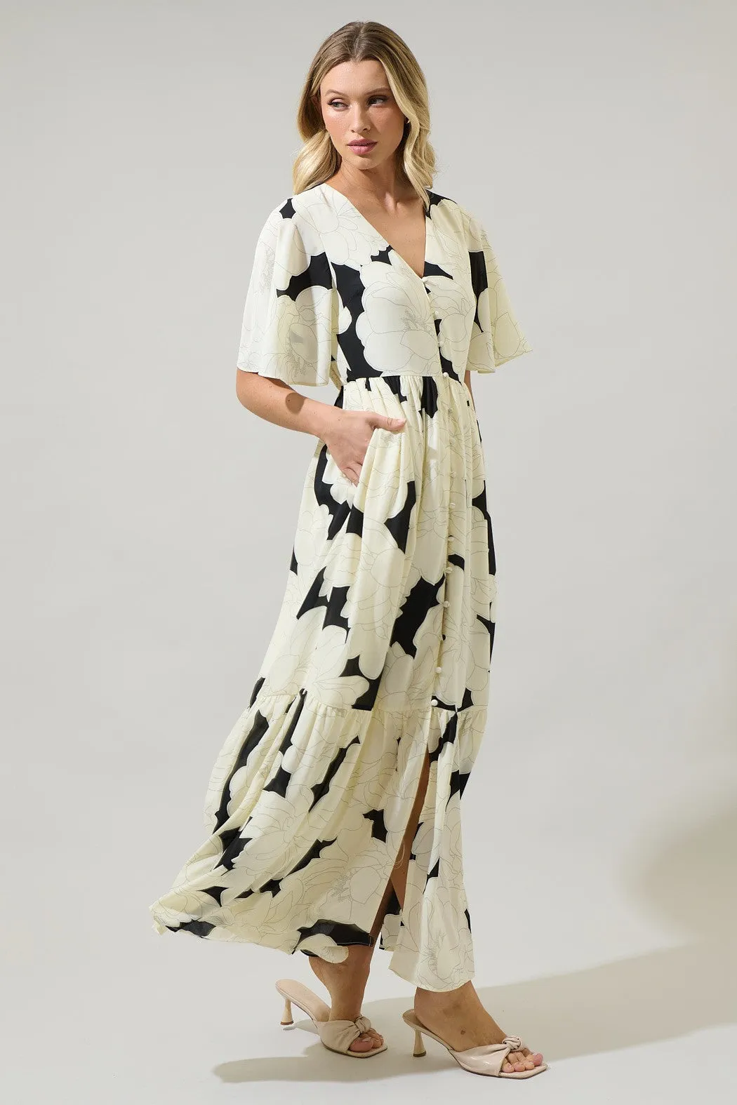 Quinsy Floral Pismo Button Down Flutter Maxi Dress