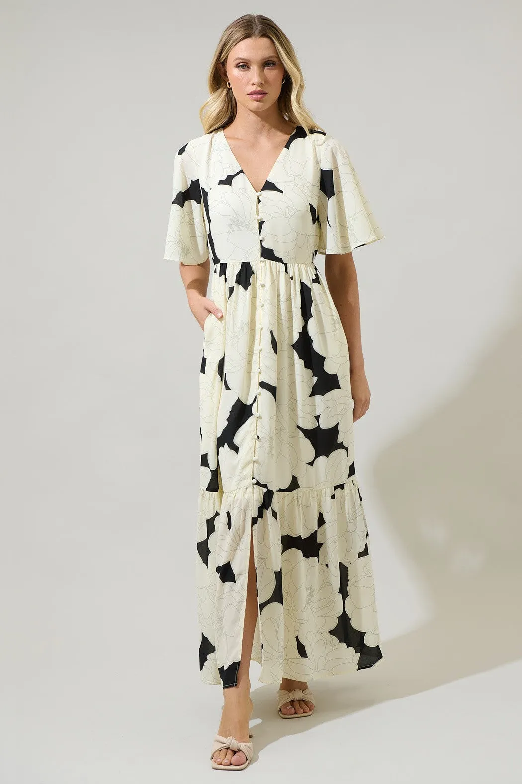 Quinsy Floral Pismo Button Down Flutter Maxi Dress