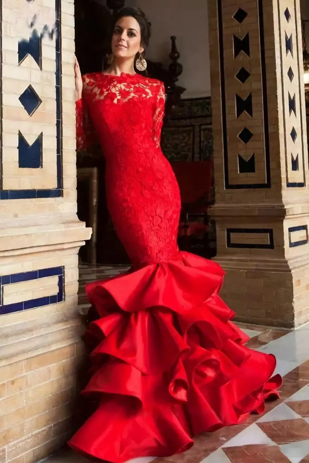 Red Lace Long Sleeves Mermaid Evening Gown With Ruffles Skirt