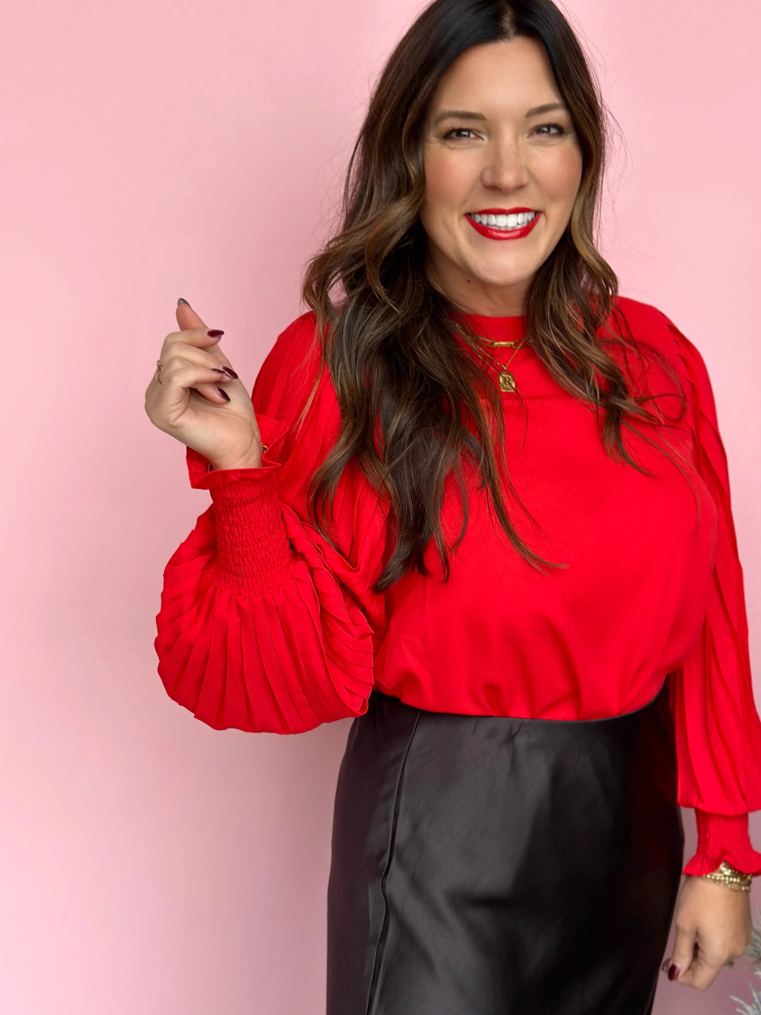 Red Pleat Balloon Sleeve Top-FINAL SALE