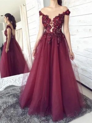 Round Neck Backless Burgundy Floral Lace Long Prom, Floral Burgundy Lace Formal Graduation Evening