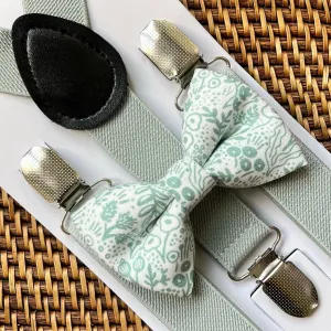 Sage Rosettes Floral Bow Tie & Sage Suspenders Set