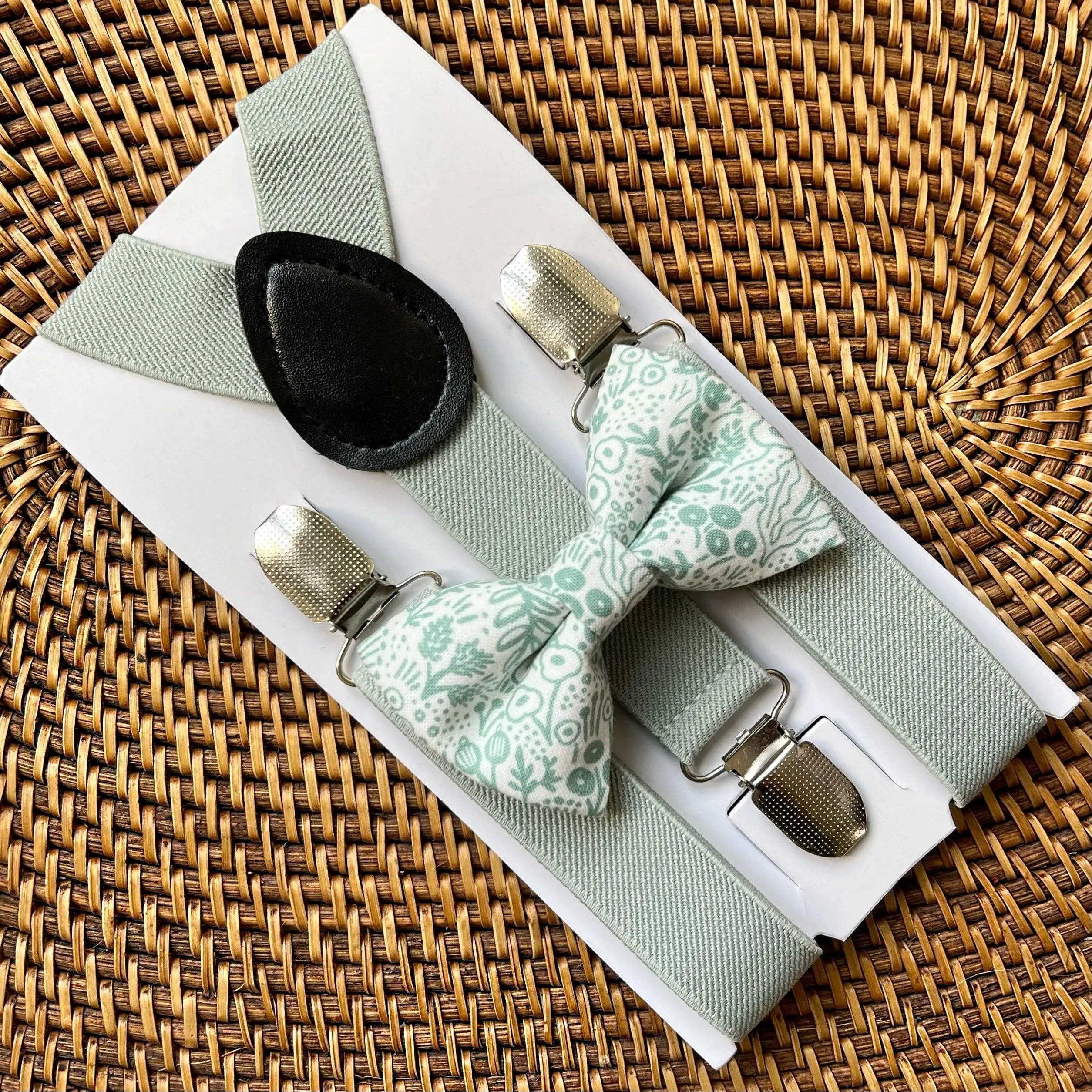 Sage Rosettes Floral Bow Tie & Sage Suspenders Set