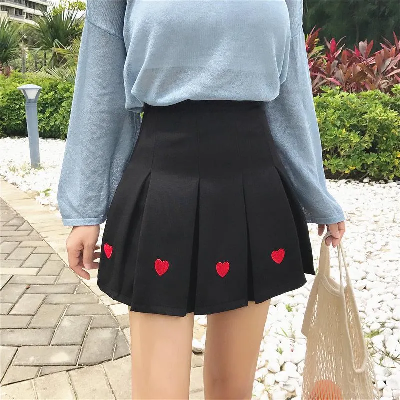 Sale Cute Hearts Embroidery Pleated Black Pink Aesthetic Skirt