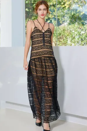 Sexy Spaghetti Strap Drop Waist Floral Lace Halter Evening Maxi Dress - Black