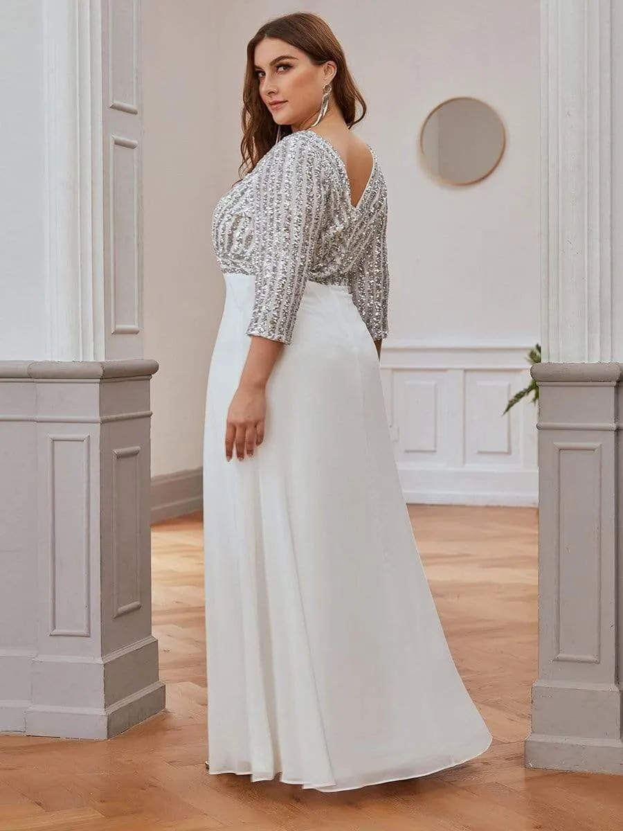 Shiny Sequin Bodice Long Flowy White Wedding Dress with Sleeves