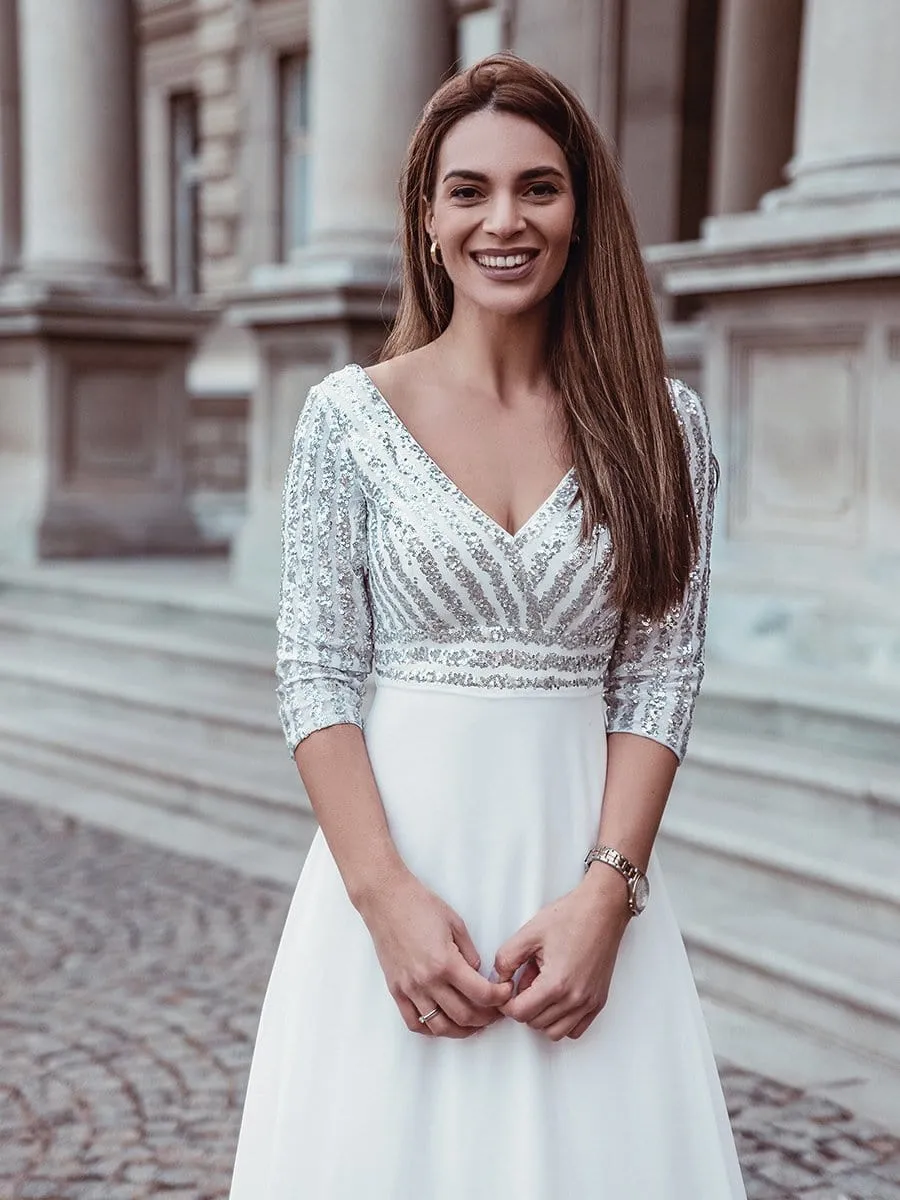 Shiny Sequin Bodice Long Flowy White Wedding Dress with Sleeves