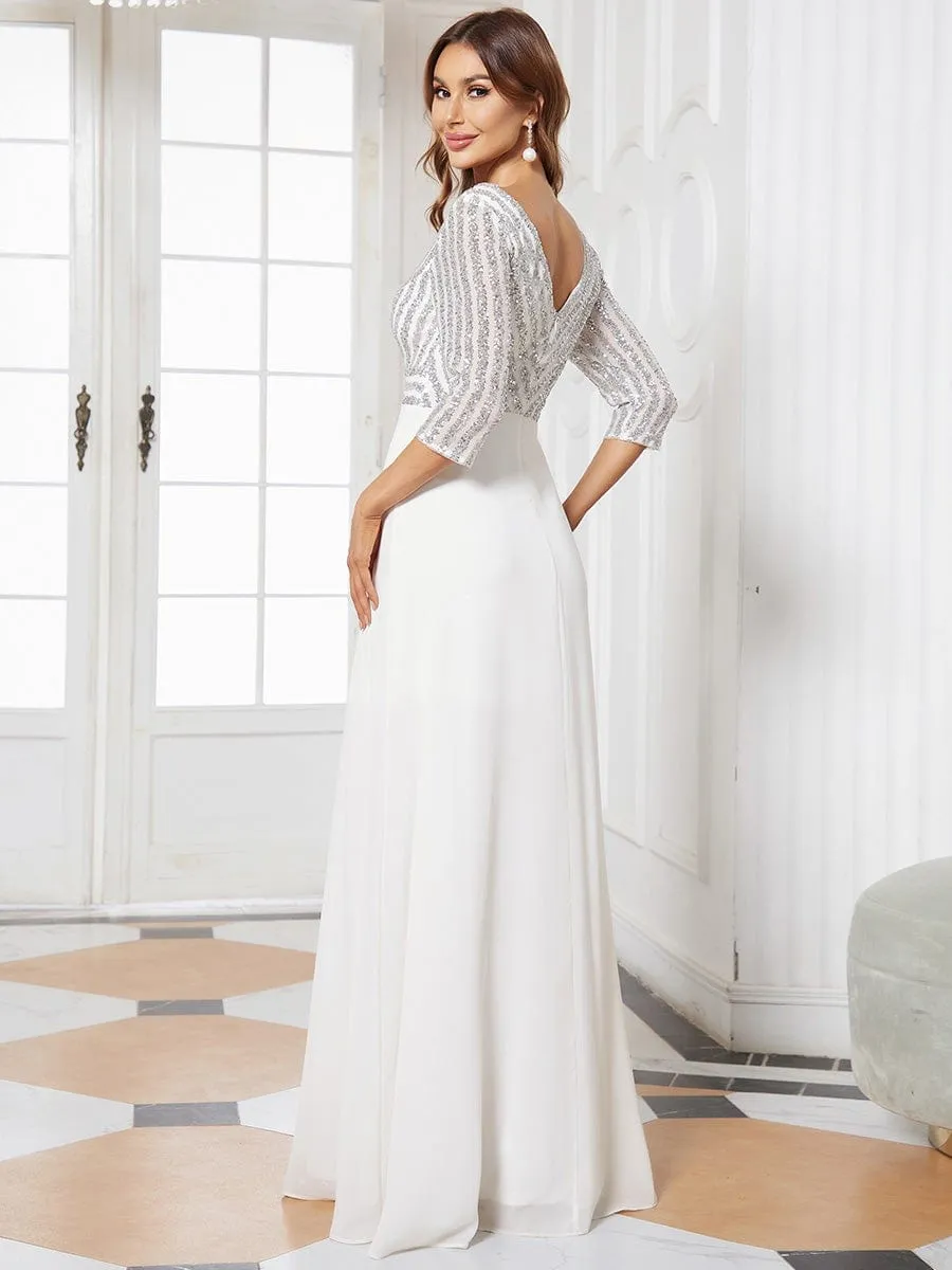 Shiny Sequin Bodice Long Flowy White Wedding Dress with Sleeves