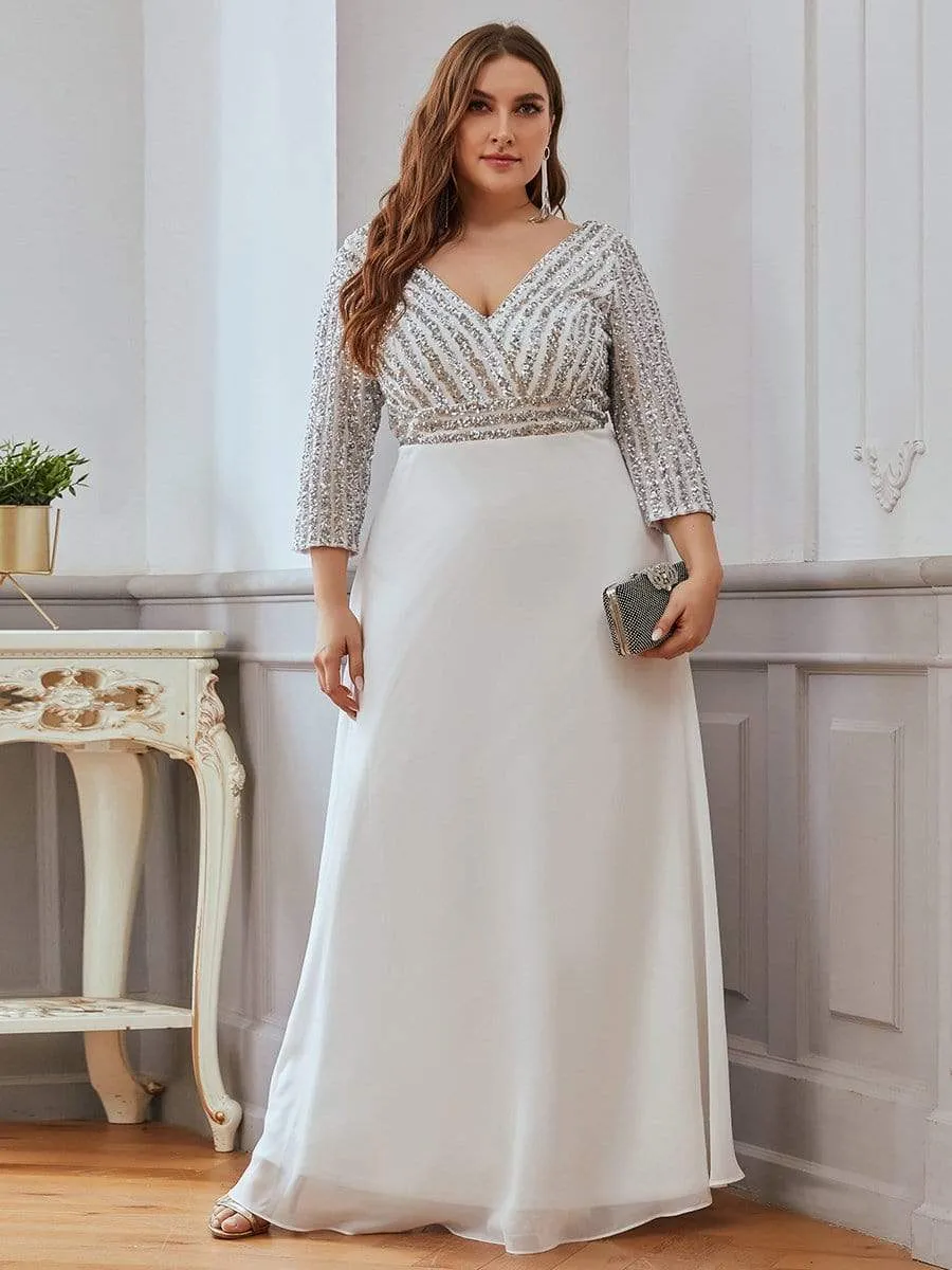 Shiny Sequin Bodice Long Flowy White Wedding Dress with Sleeves