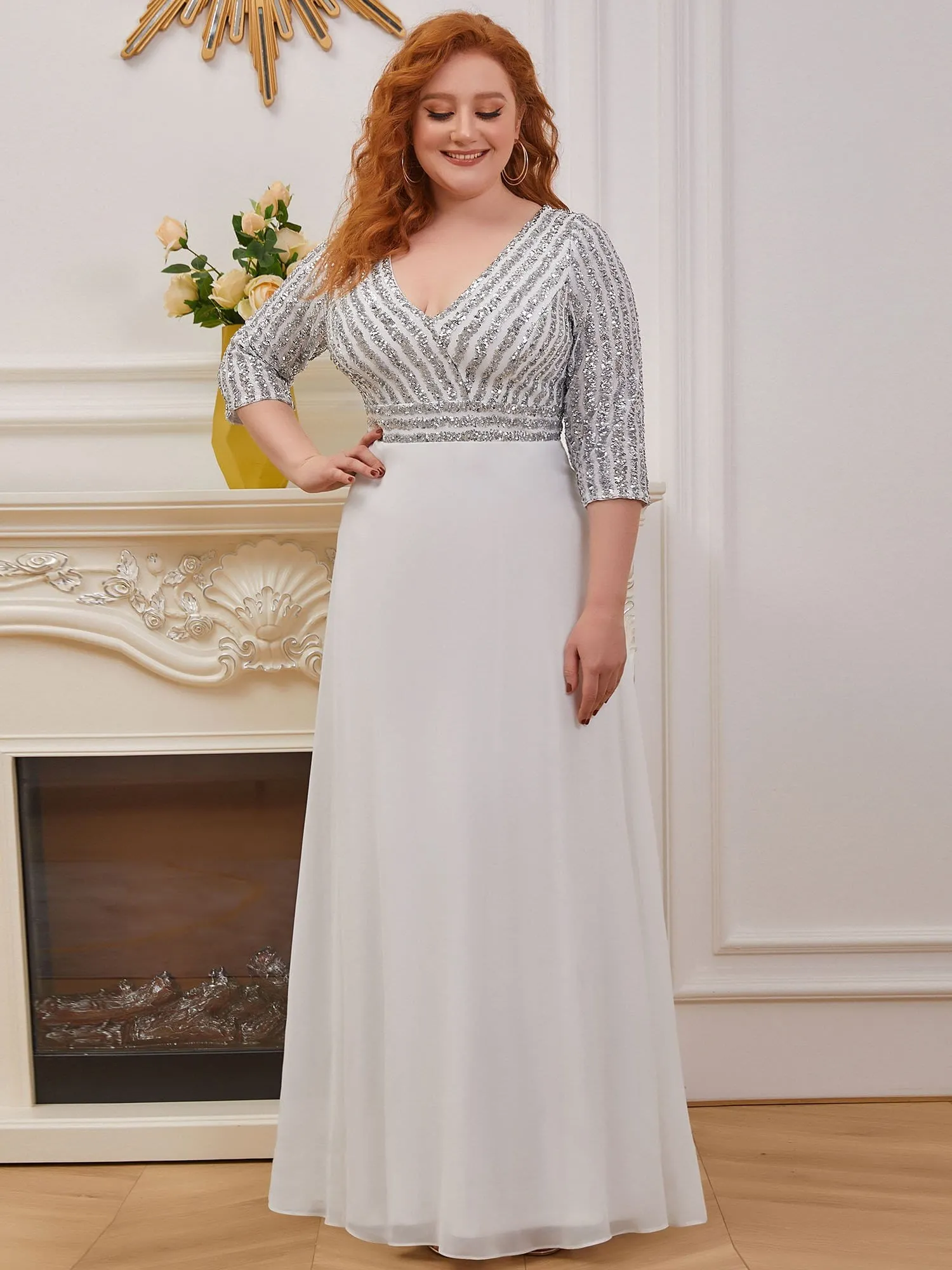 Shiny Sequin Bodice Long Flowy White Wedding Dress with Sleeves