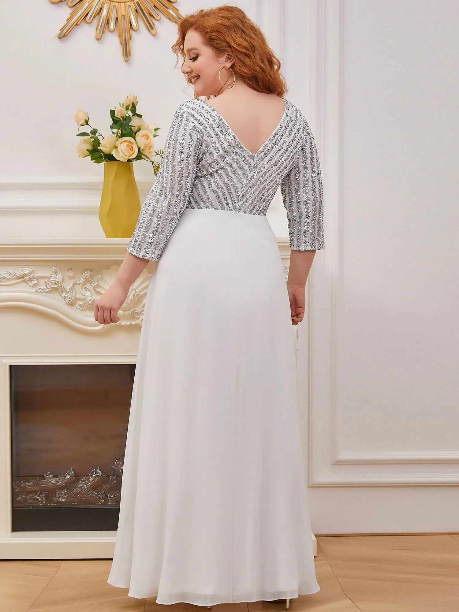 Shiny Sequin Bodice Long Flowy White Wedding Dress with Sleeves