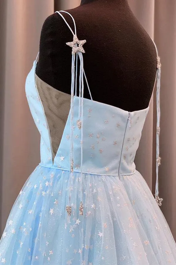 Sky Blue Star Tulle Long Prom Dress Evening Dress