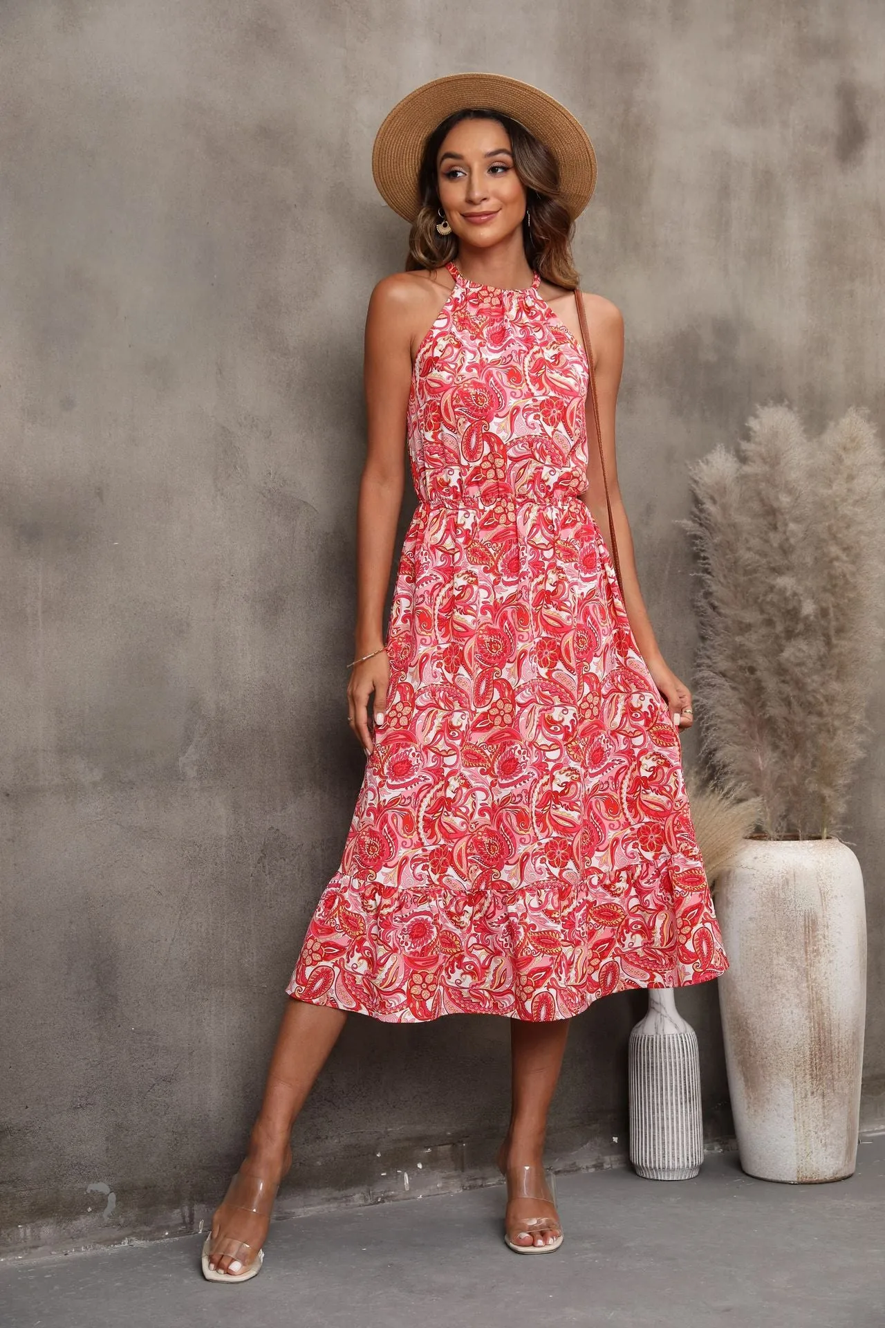 Sleeveless Halter Floral Dress