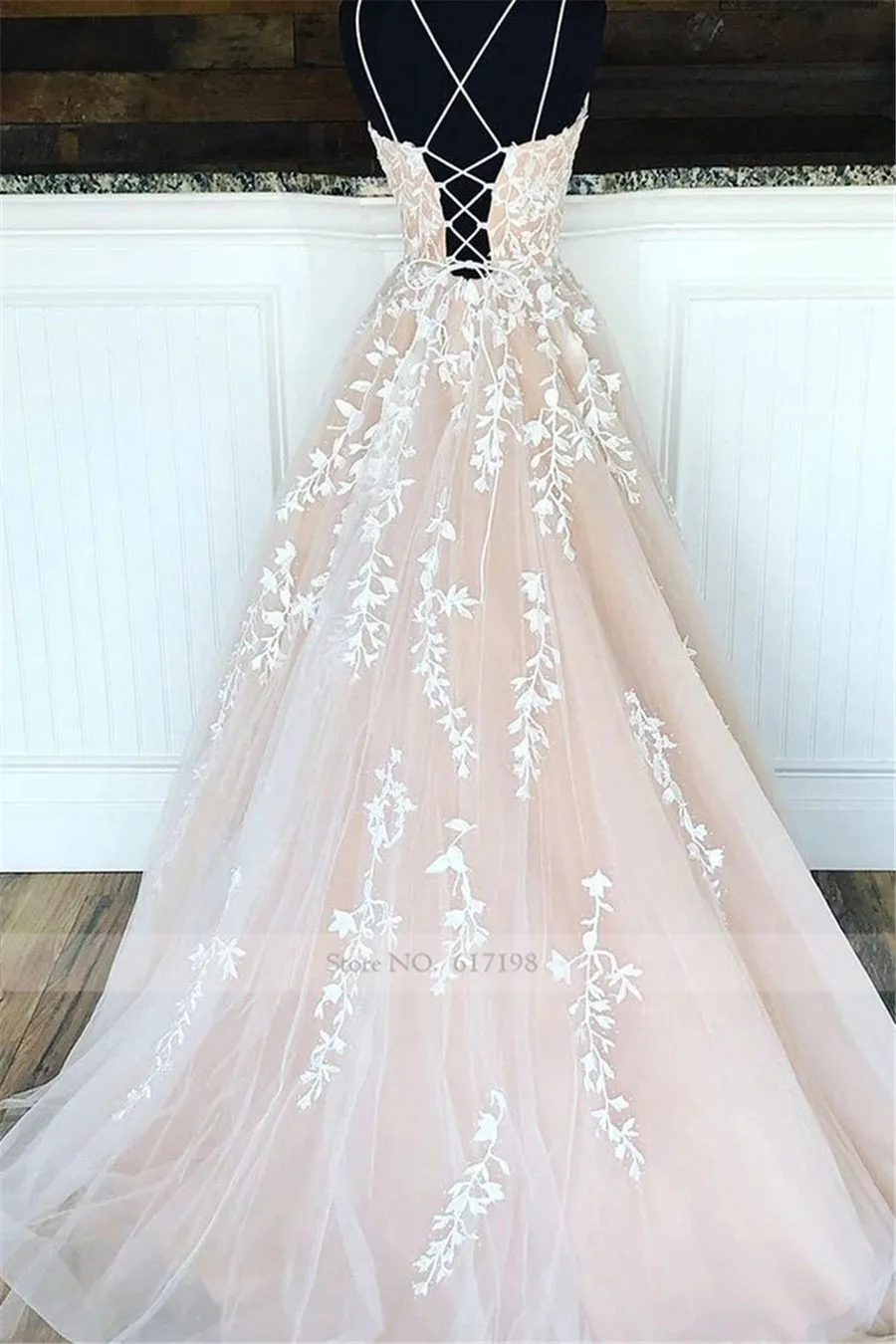 Spaghetti Strap Champagne Lace Tulle Long Princess Wedding Dress Backless Bridal Gown