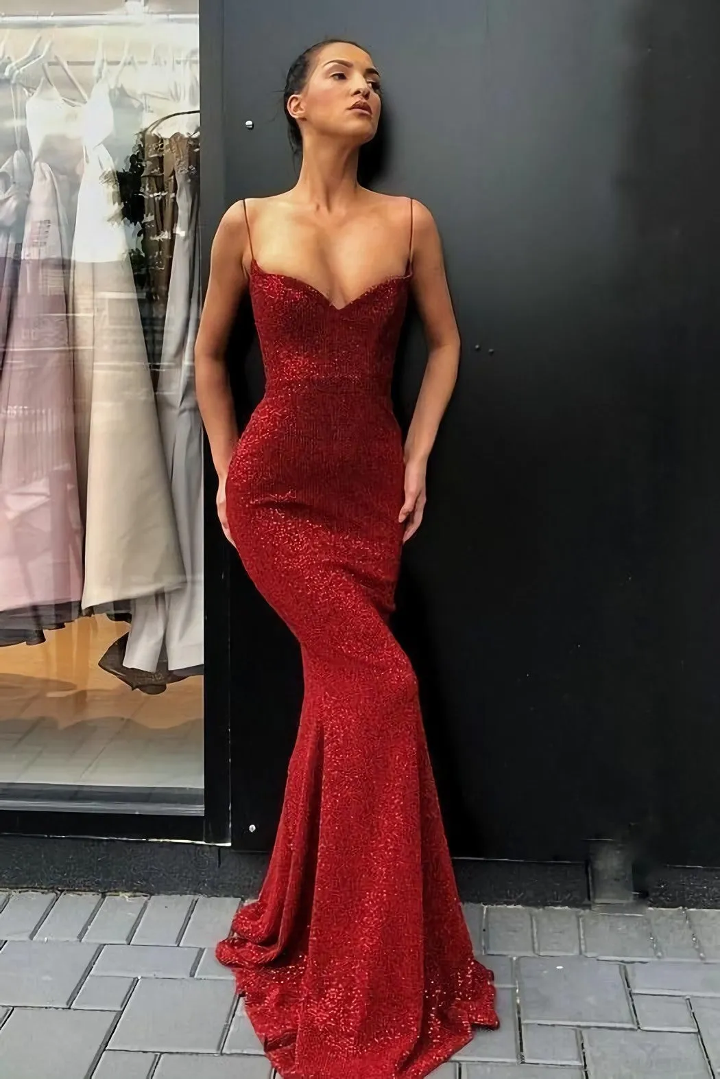 Spaghetti Straps Sexy Red Sequin Prom Dress Mermaid