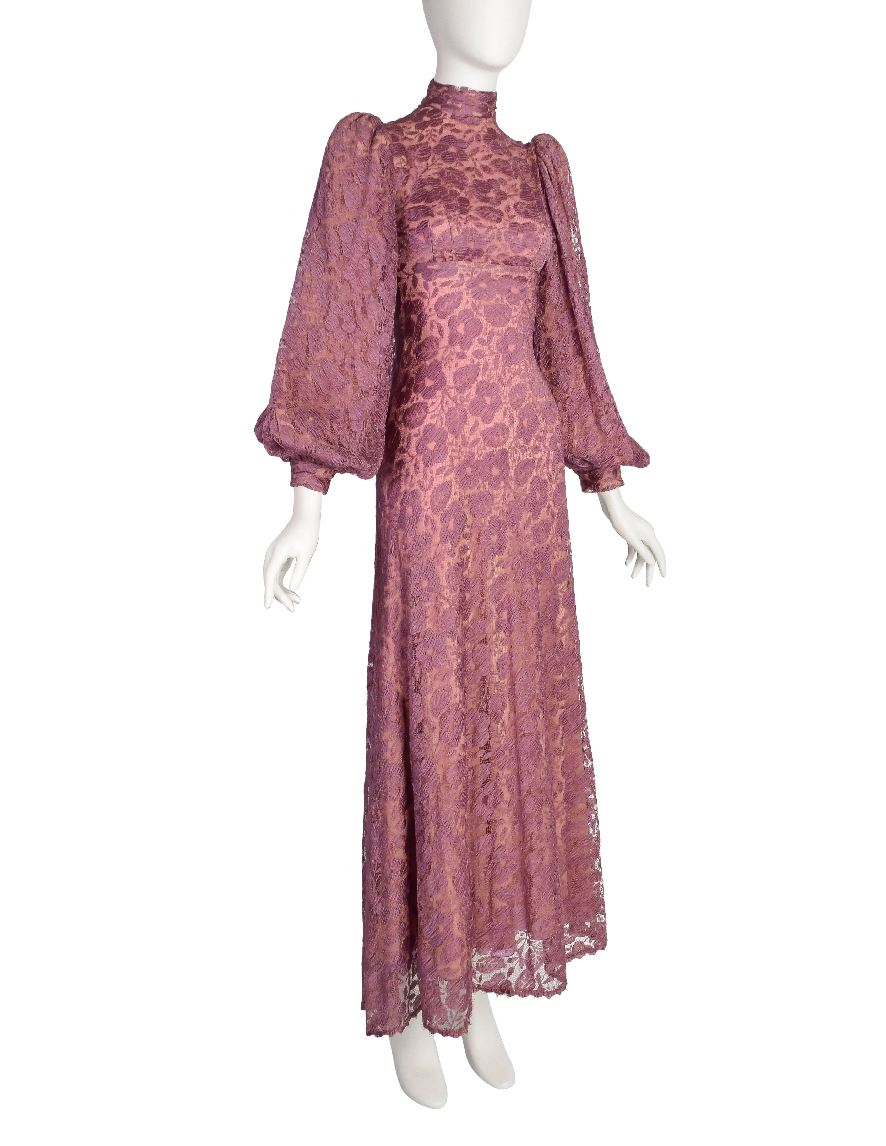 Stavropoulos Vintage 1970s Purple Mauve Lace Empire Waist Bishop Sleeve Dress