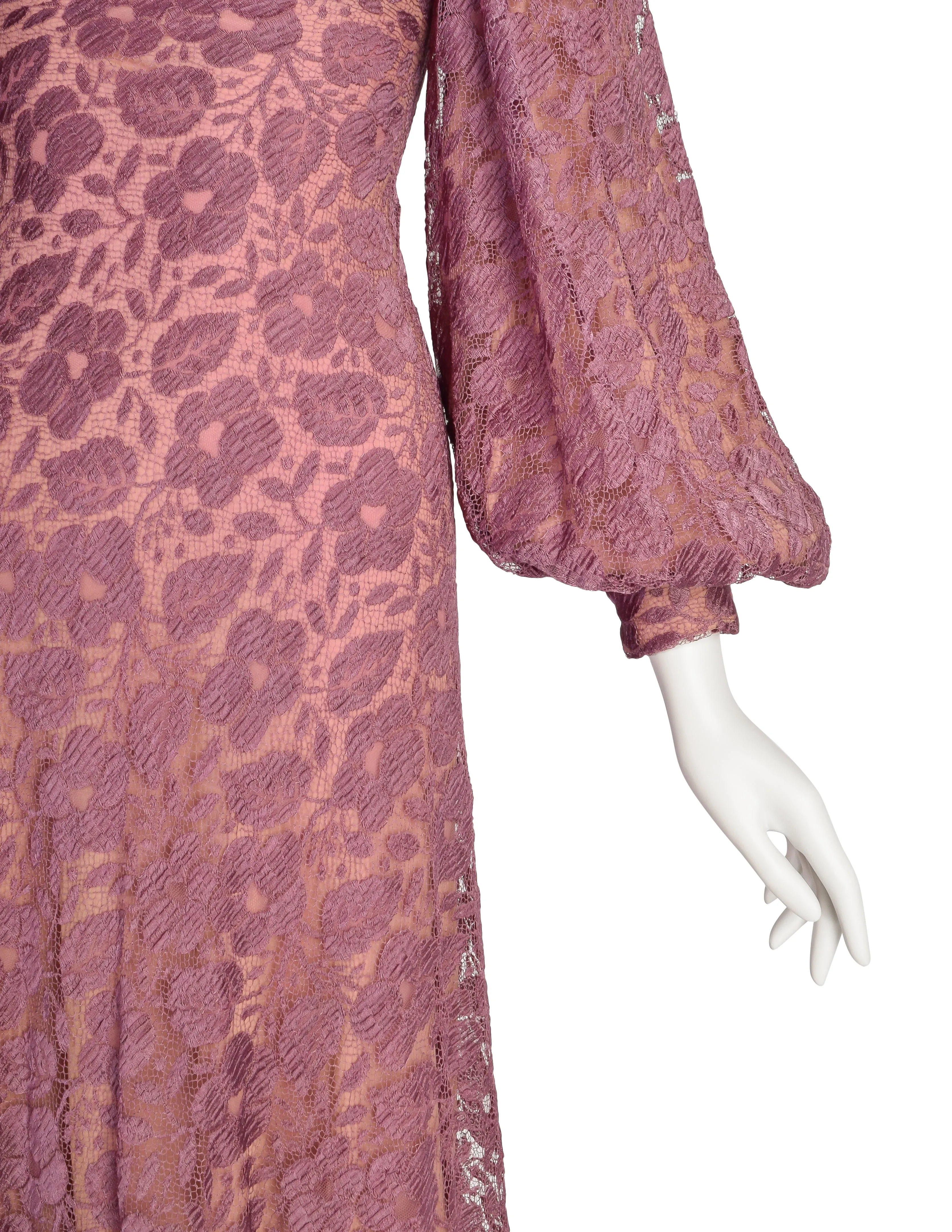 Stavropoulos Vintage 1970s Purple Mauve Lace Empire Waist Bishop Sleeve Dress