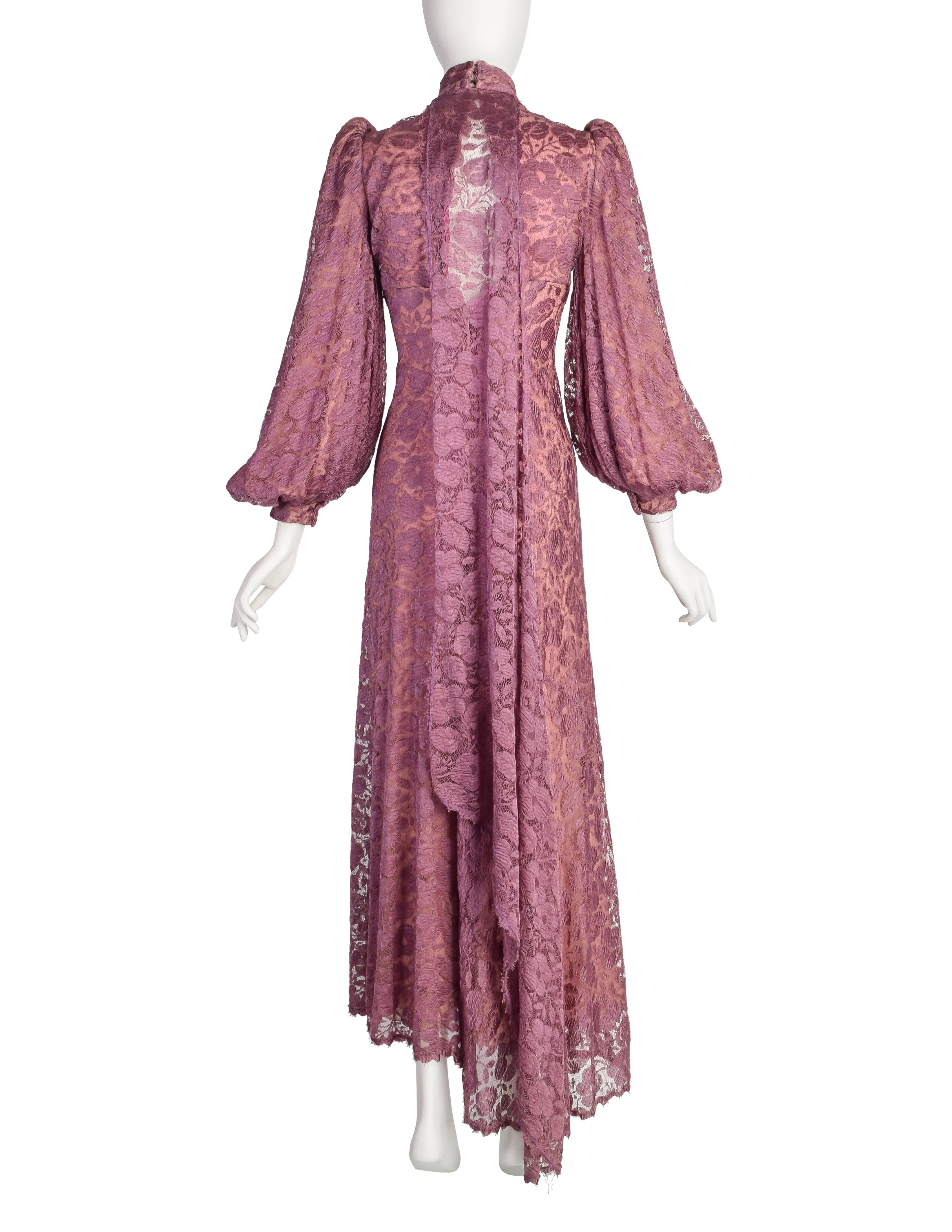 Stavropoulos Vintage 1970s Purple Mauve Lace Empire Waist Bishop Sleeve Dress