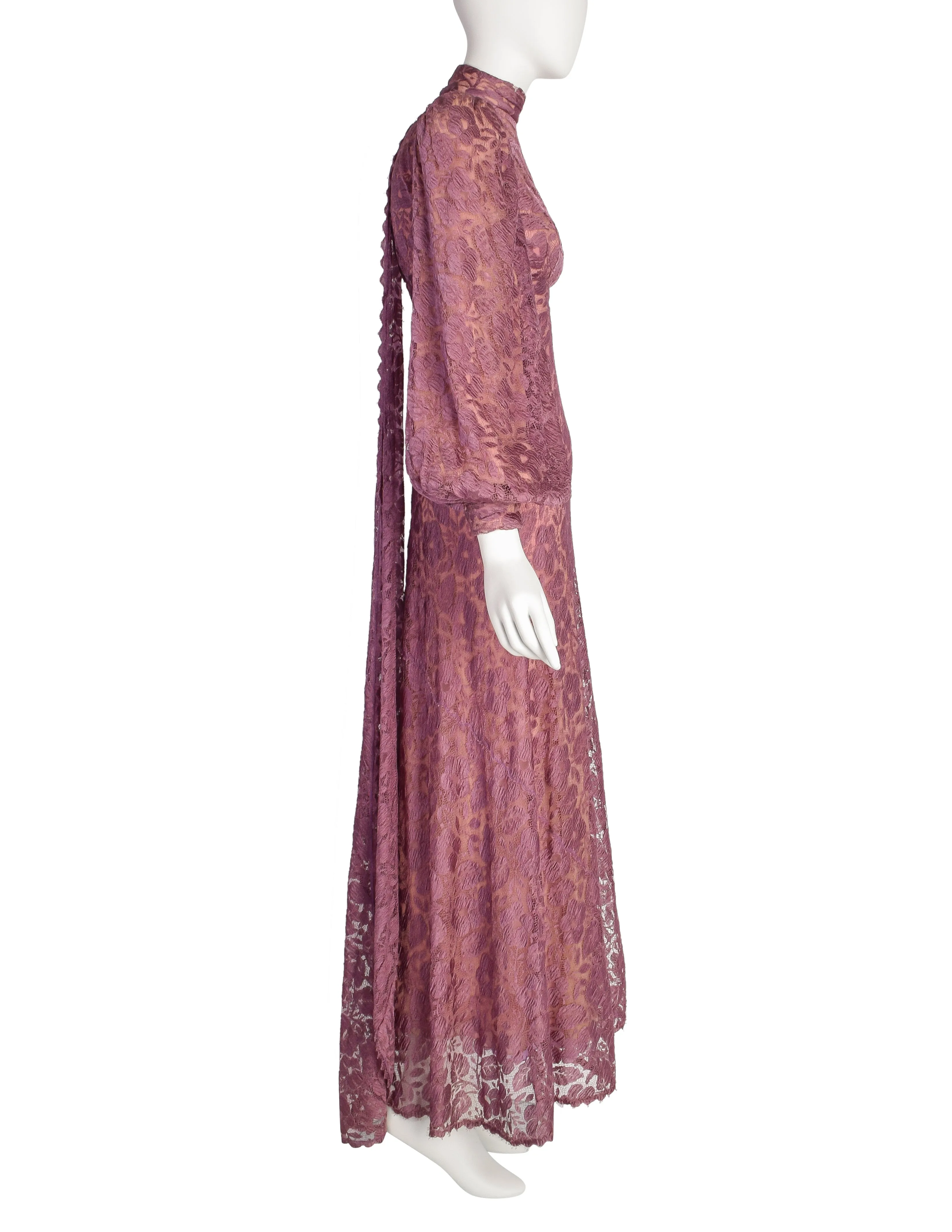 Stavropoulos Vintage 1970s Purple Mauve Lace Empire Waist Bishop Sleeve Dress