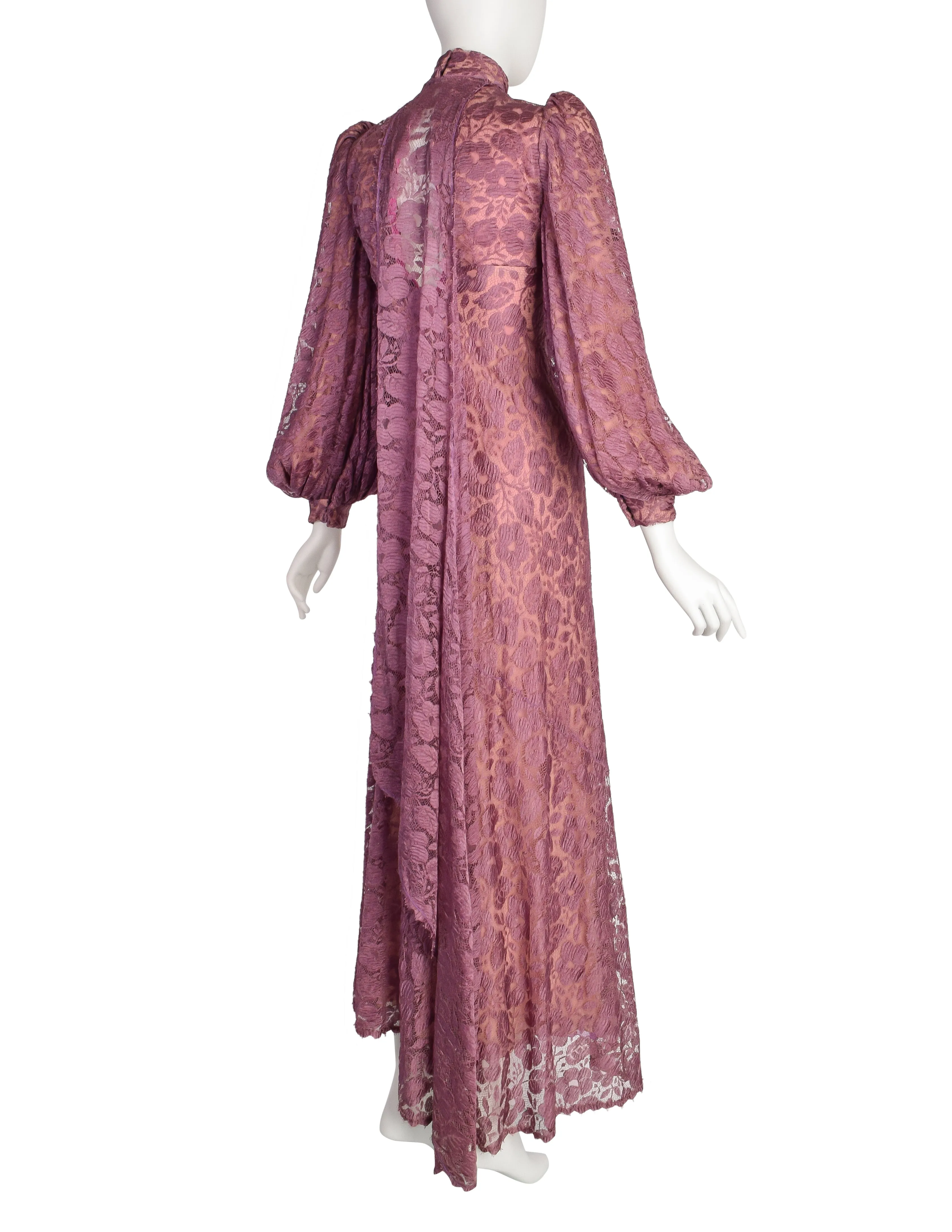 Stavropoulos Vintage 1970s Purple Mauve Lace Empire Waist Bishop Sleeve Dress