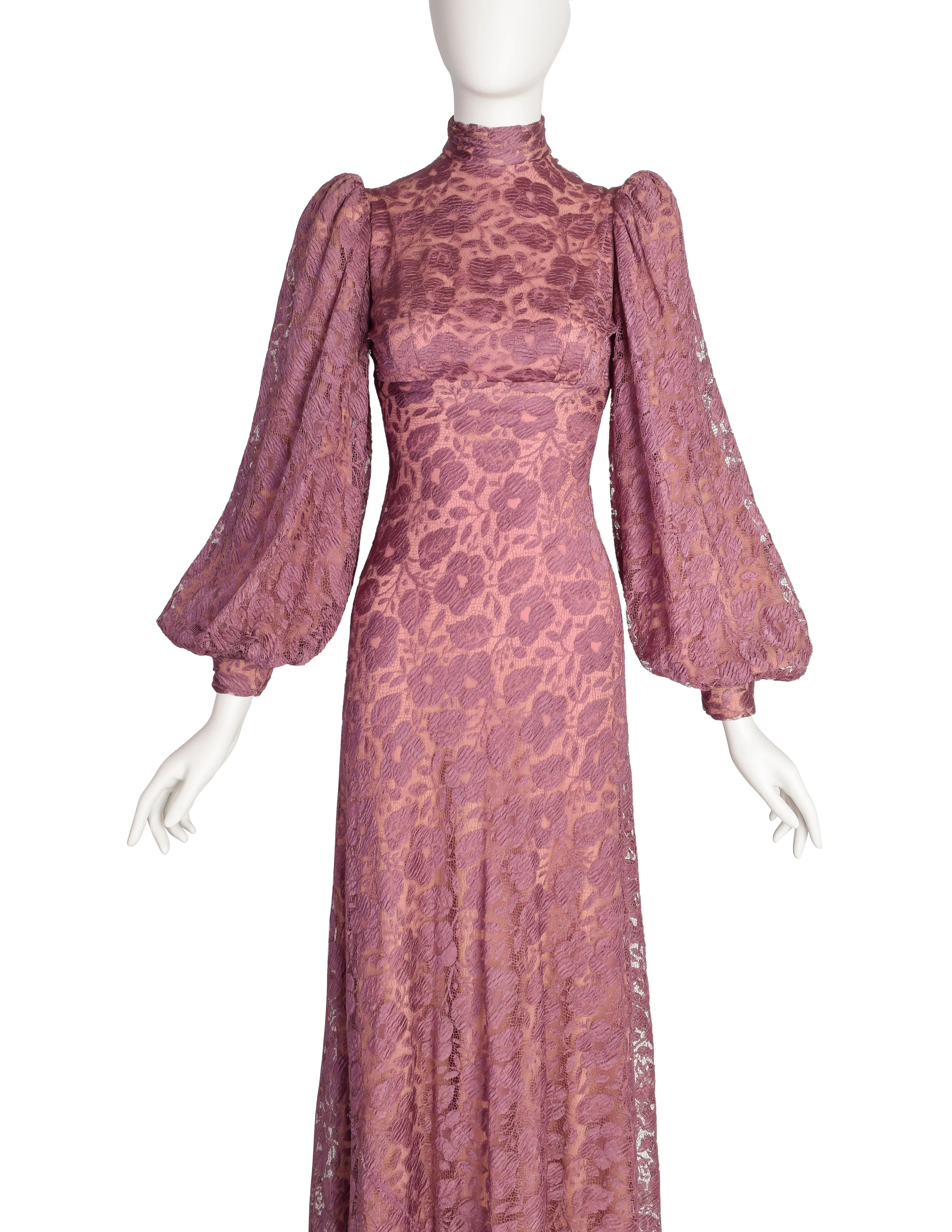 Stavropoulos Vintage 1970s Purple Mauve Lace Empire Waist Bishop Sleeve Dress