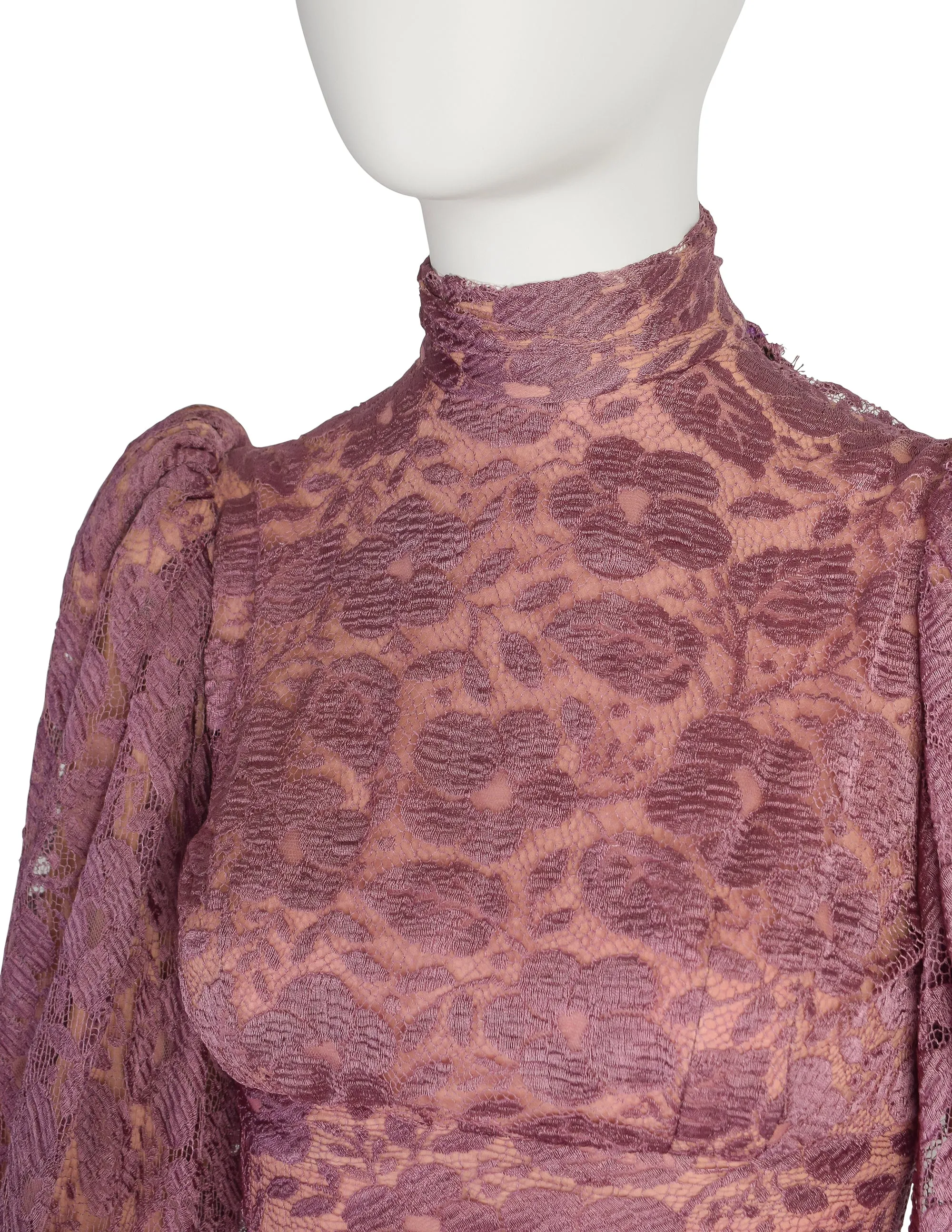 Stavropoulos Vintage 1970s Purple Mauve Lace Empire Waist Bishop Sleeve Dress