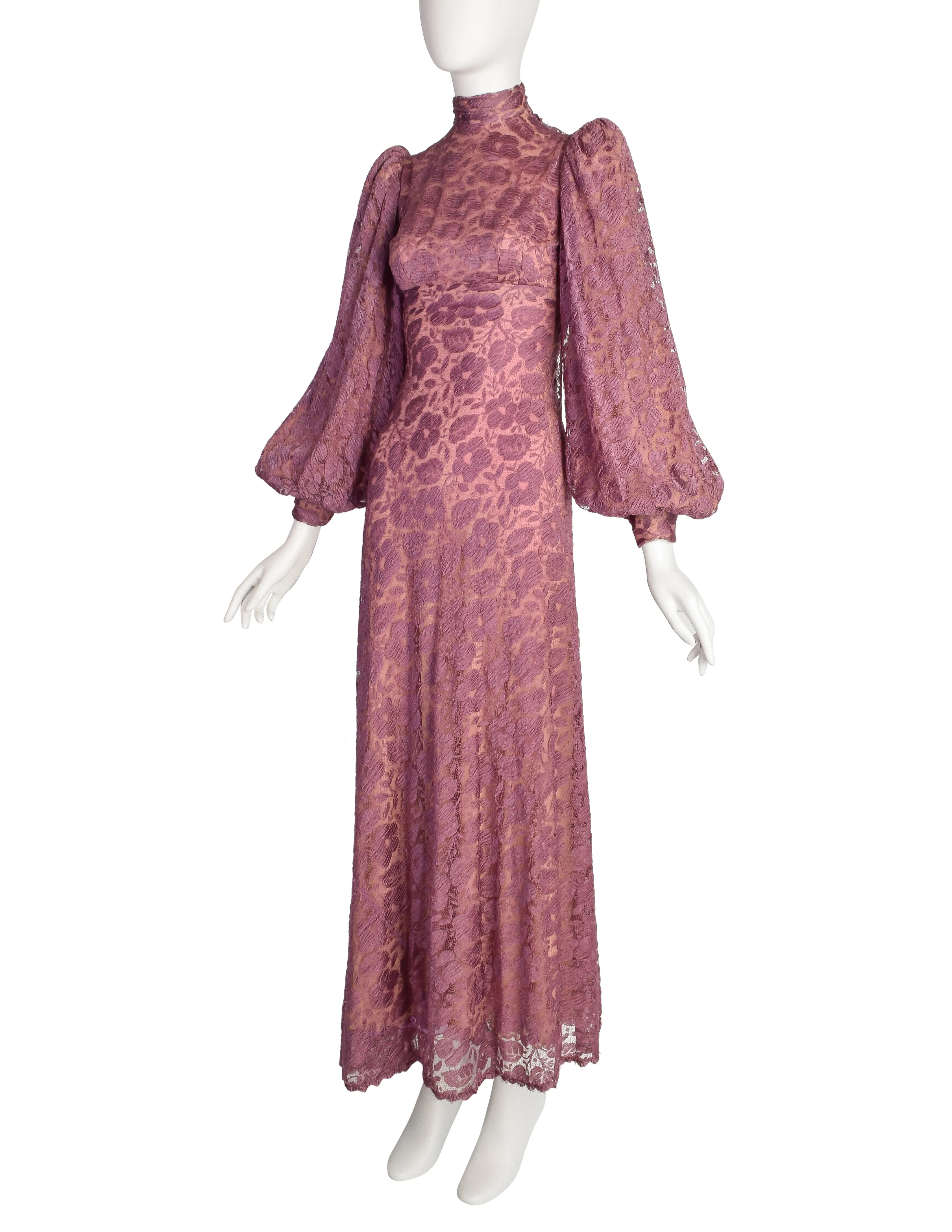 Stavropoulos Vintage 1970s Purple Mauve Lace Empire Waist Bishop Sleeve Dress