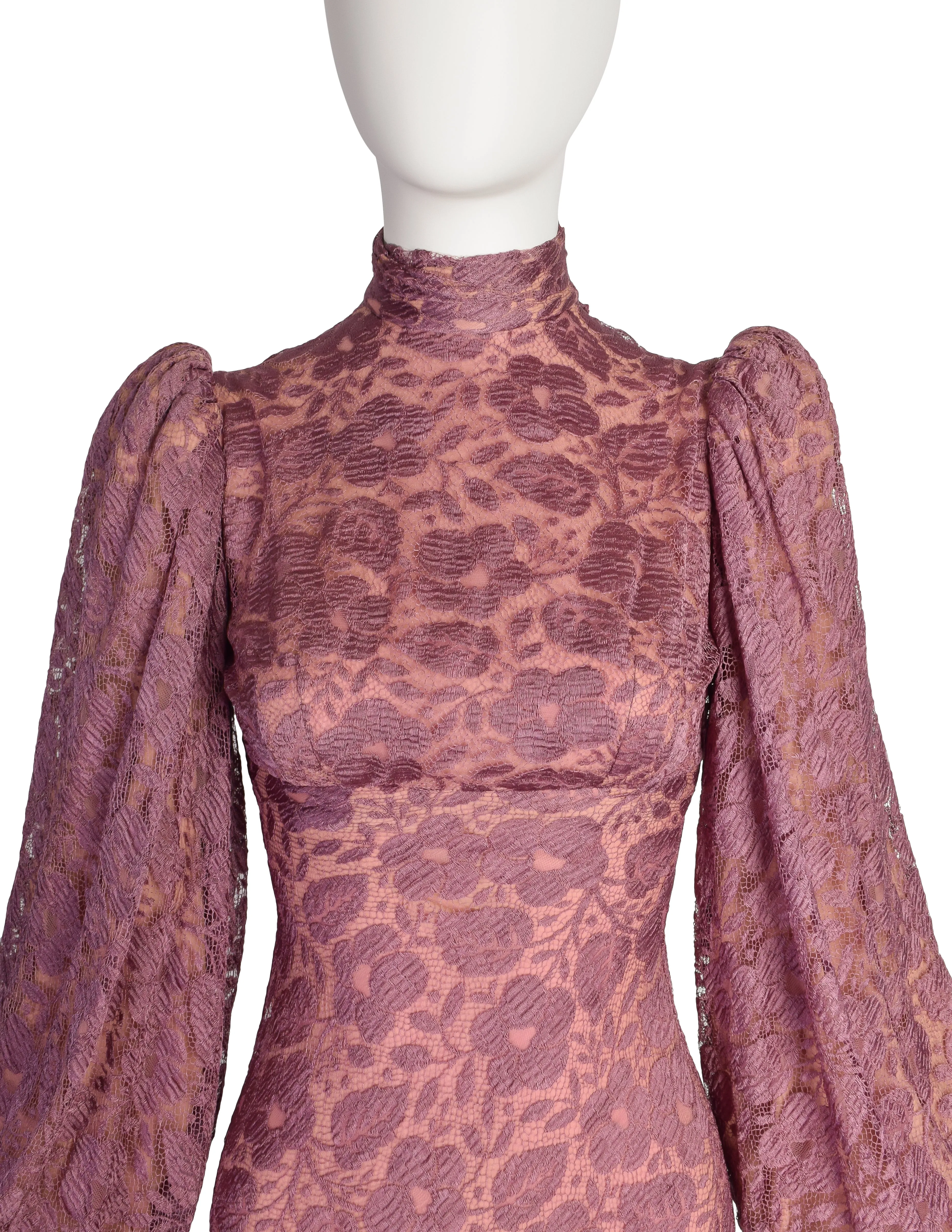 Stavropoulos Vintage 1970s Purple Mauve Lace Empire Waist Bishop Sleeve Dress