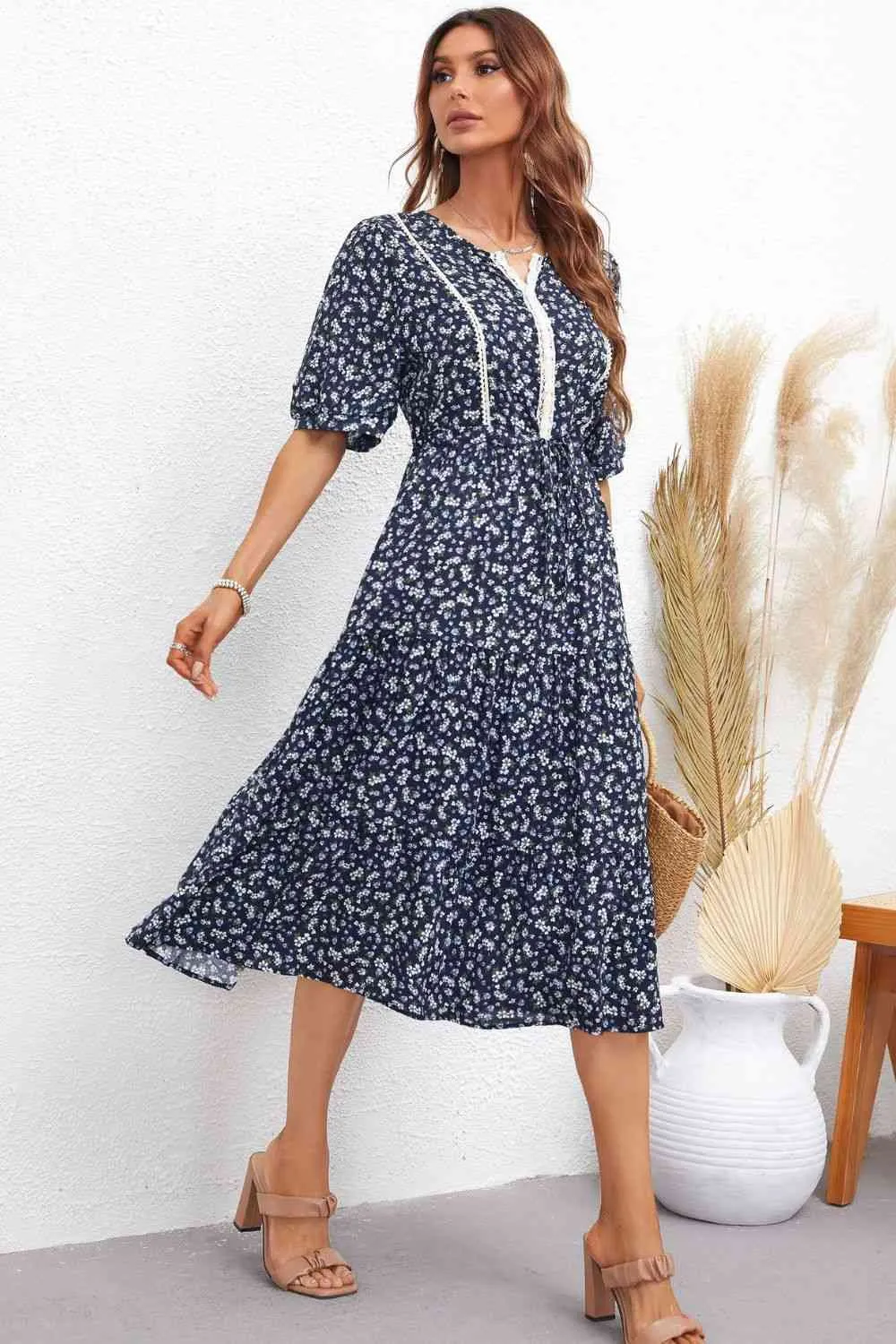 TEEK - Floral Notched Neck Lace Trim Dress