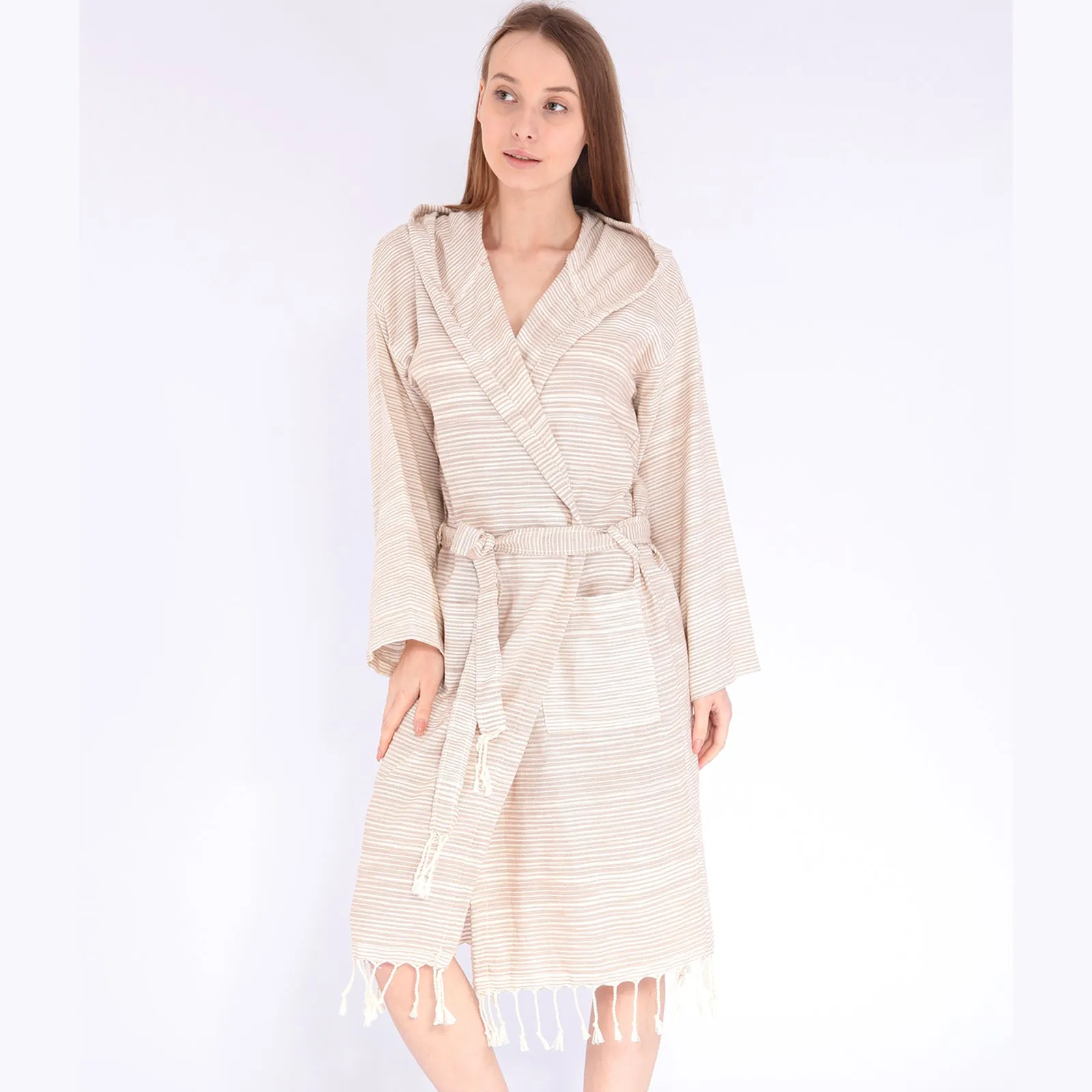 Turkish Towel Pestemal Bathrobe Ecru Natural Cotton Hooded