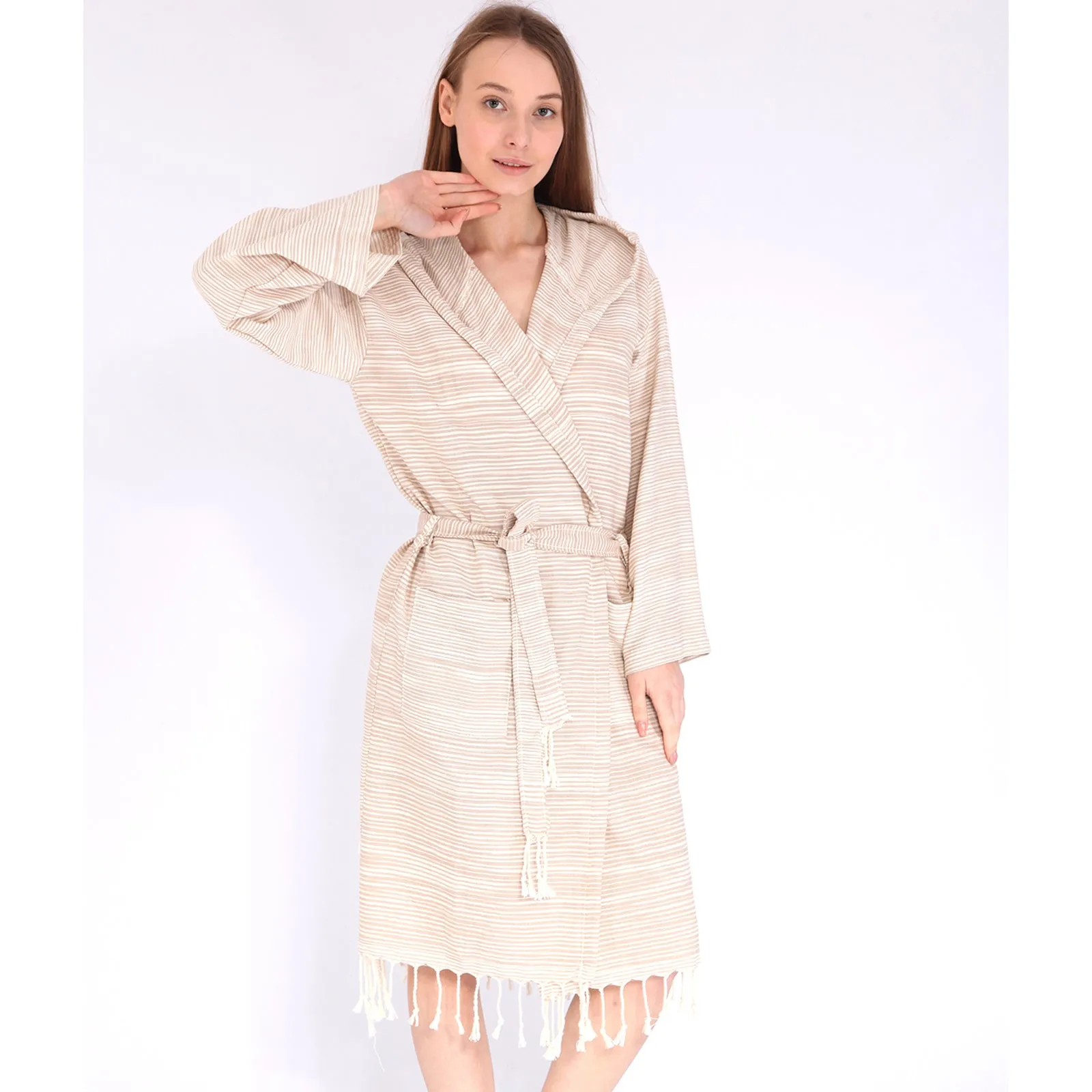 Turkish Towel Pestemal Bathrobe Ecru Natural Cotton Hooded