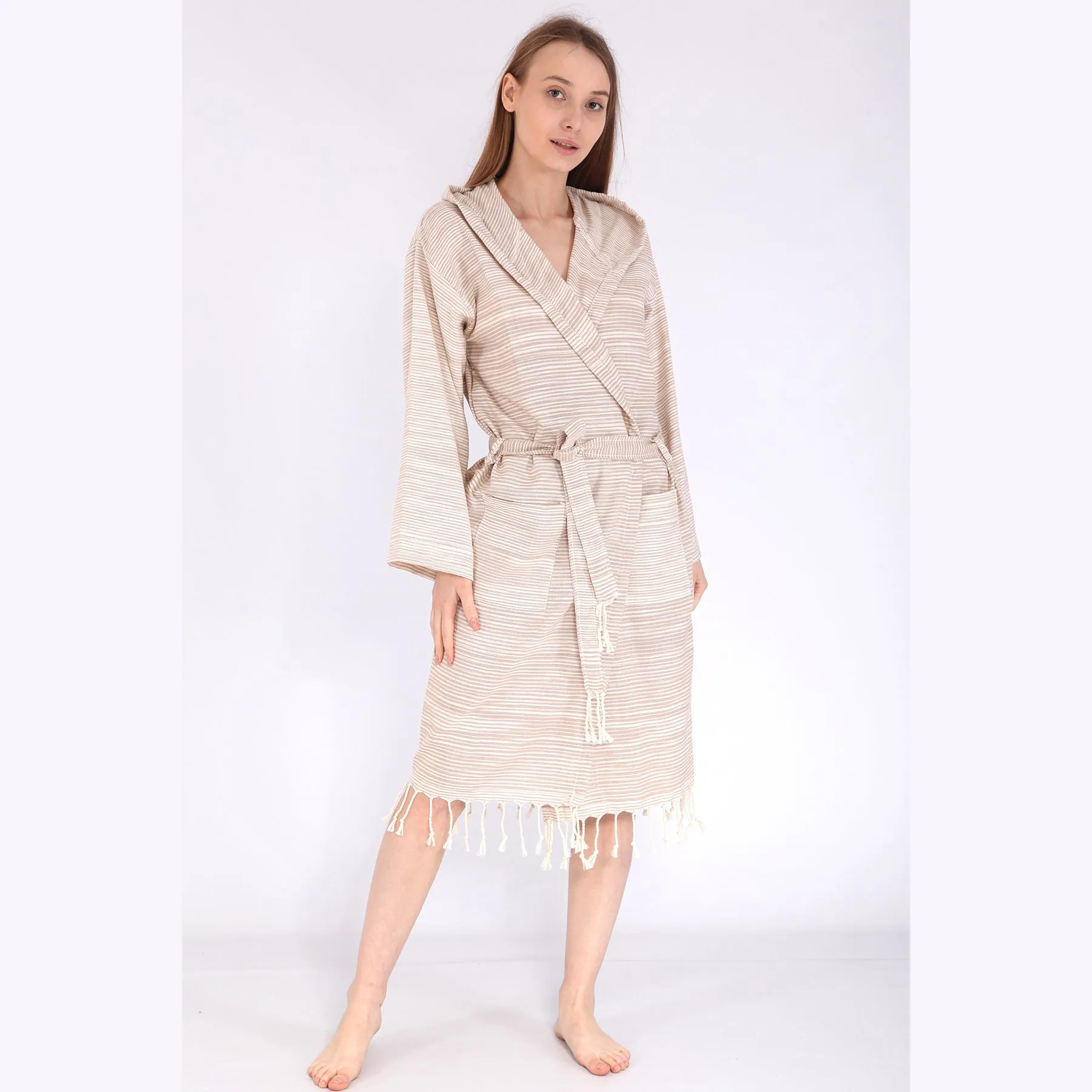 Turkish Towel Pestemal Bathrobe Ecru Natural Cotton Hooded