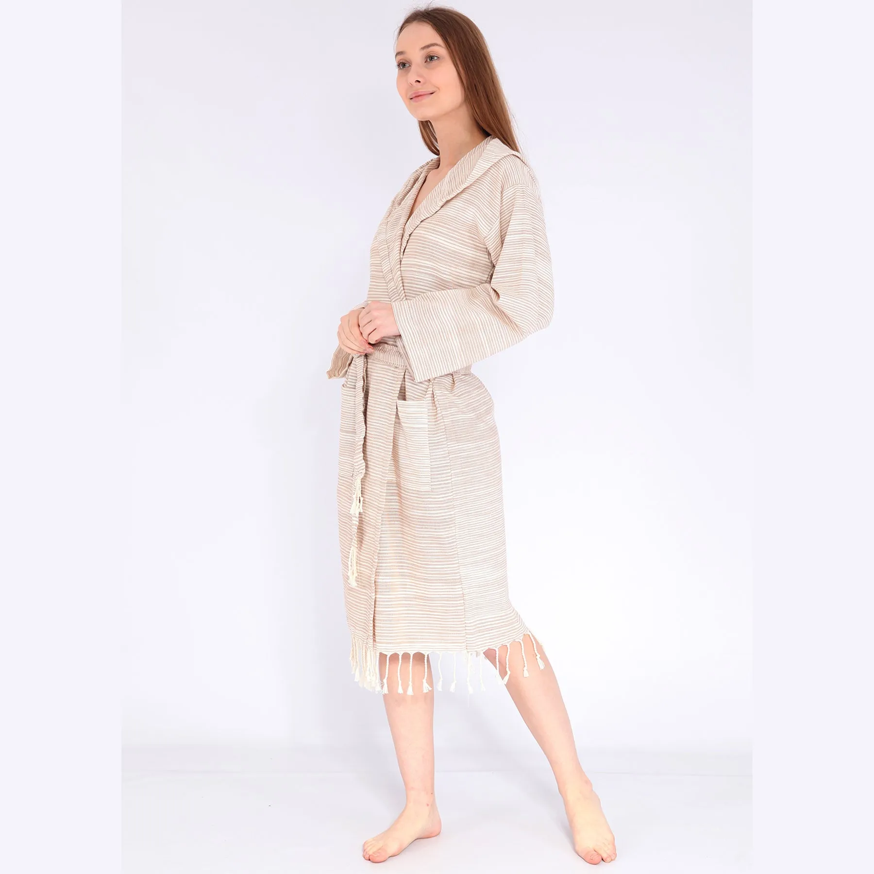 Turkish Towel Pestemal Bathrobe Ecru Natural Cotton Hooded