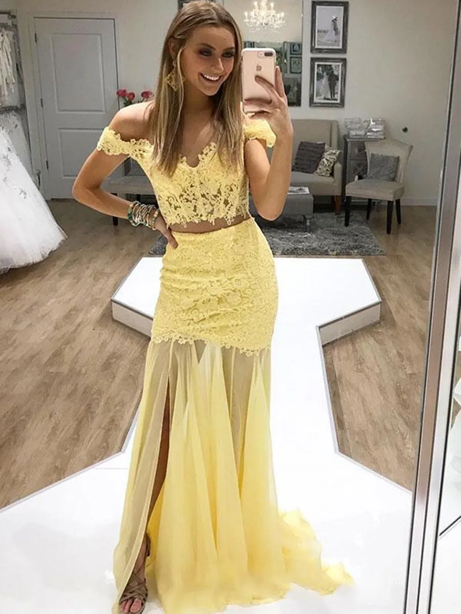 Two Pieces Off Shoulder Mermaid Lace Yellow Prom with Slit, Off Shoulder Mermaid Formal, Yellow Lace Evening