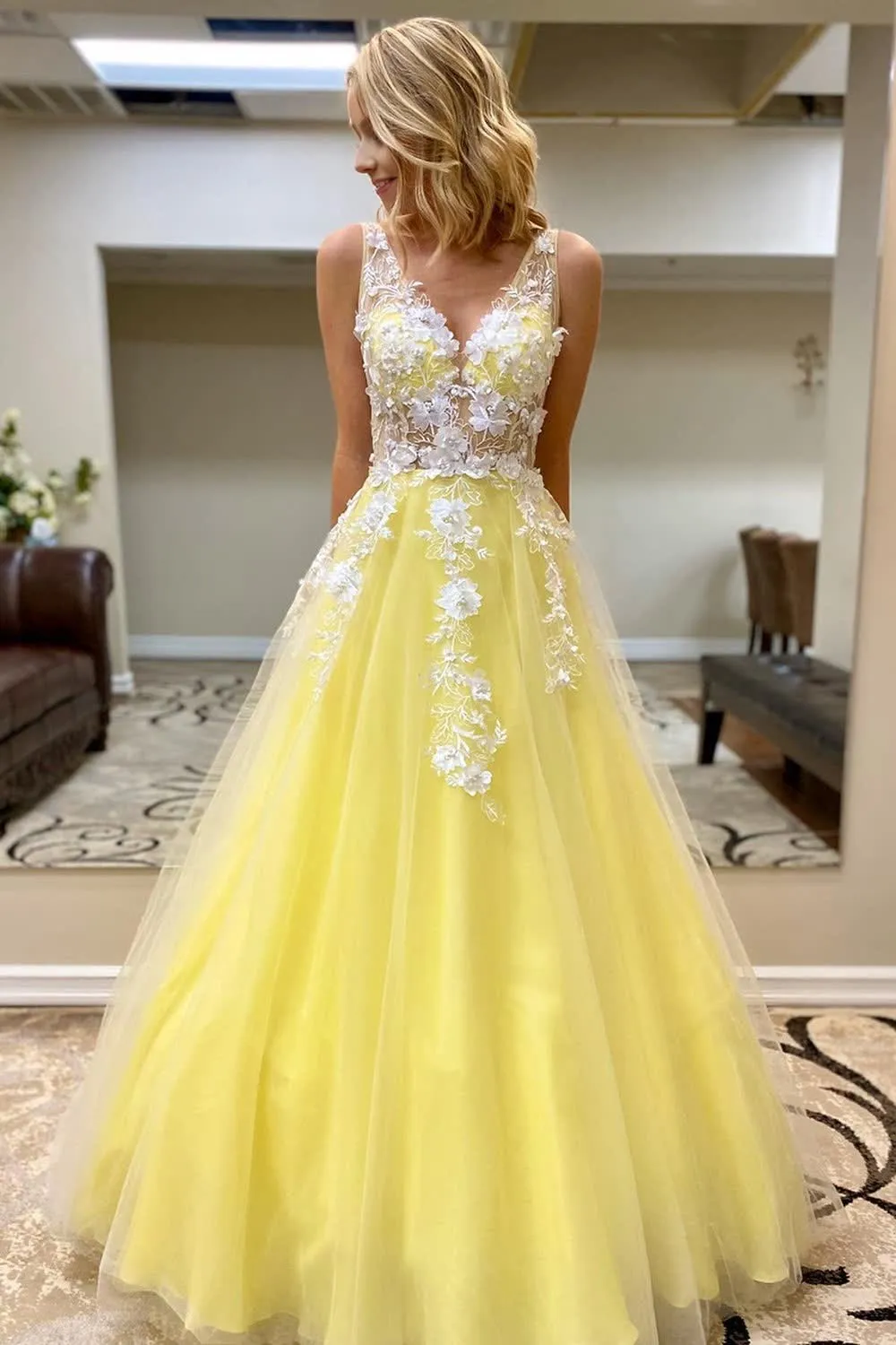 V-Neck A-Line Prom Dress with Appliques