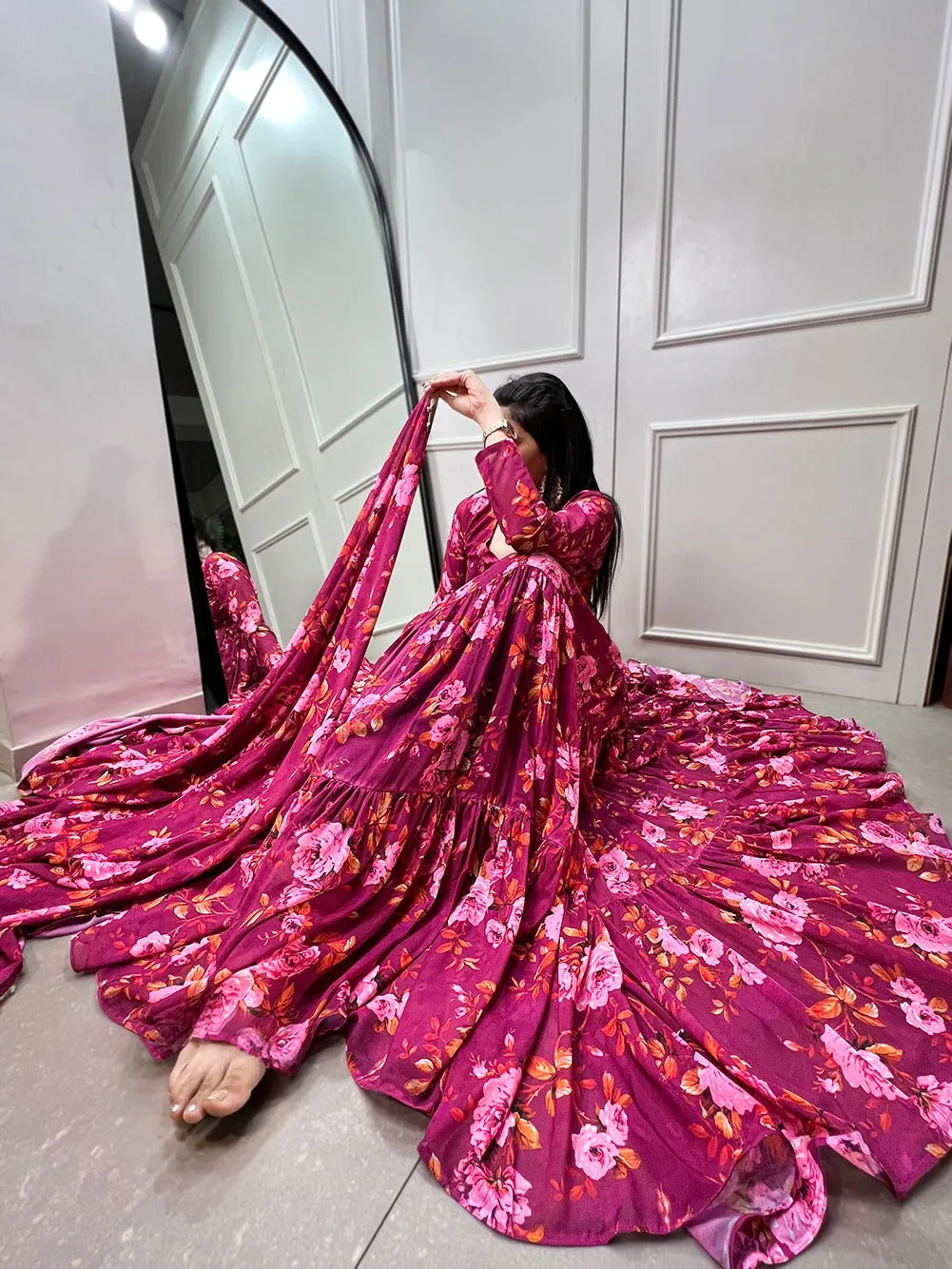 Vibrant Pink Floral Print Ready-To-Wear Gown