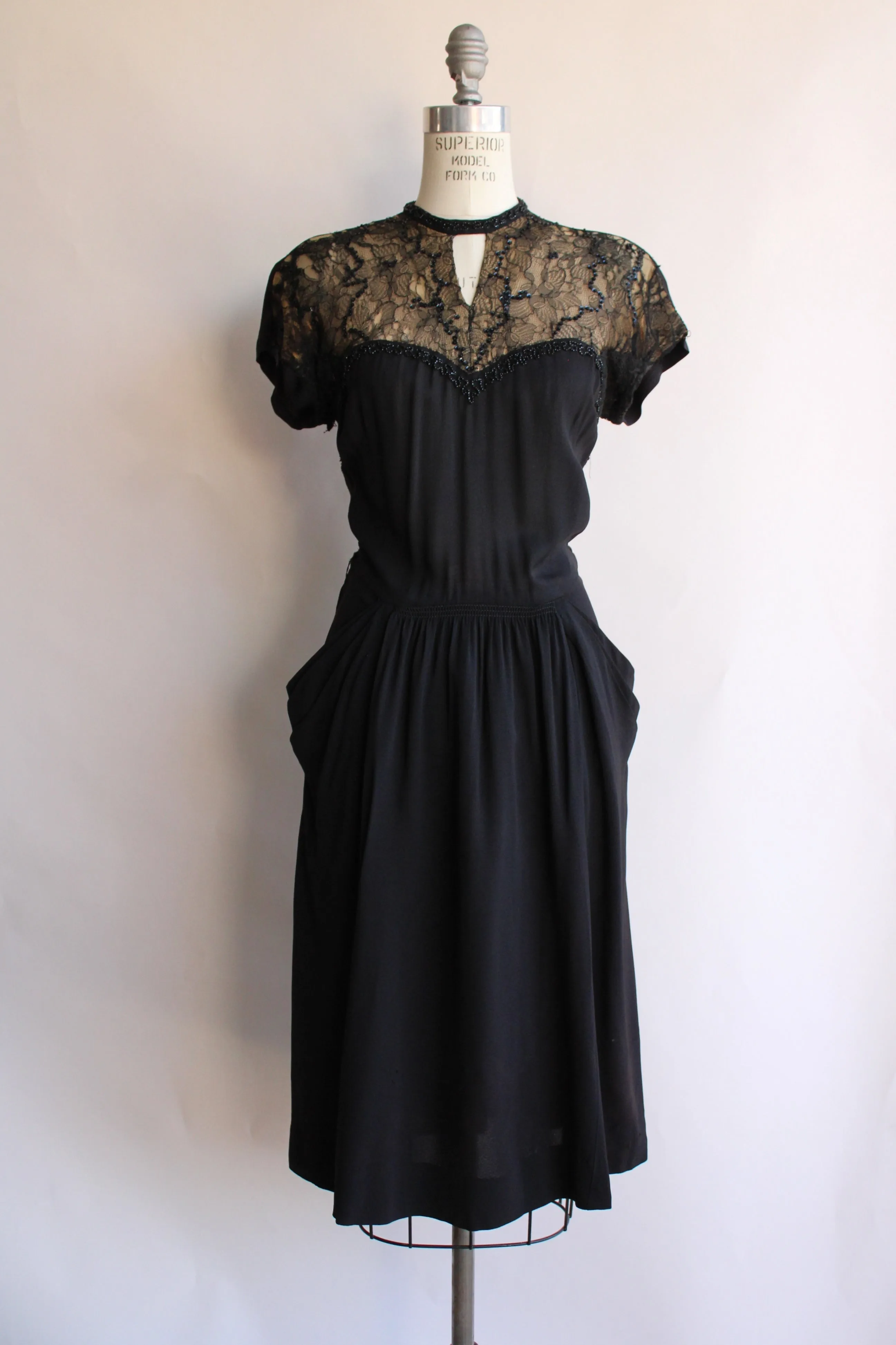 Vintage 1940s Black Dress With Illusion Lace Keyhole Neckline