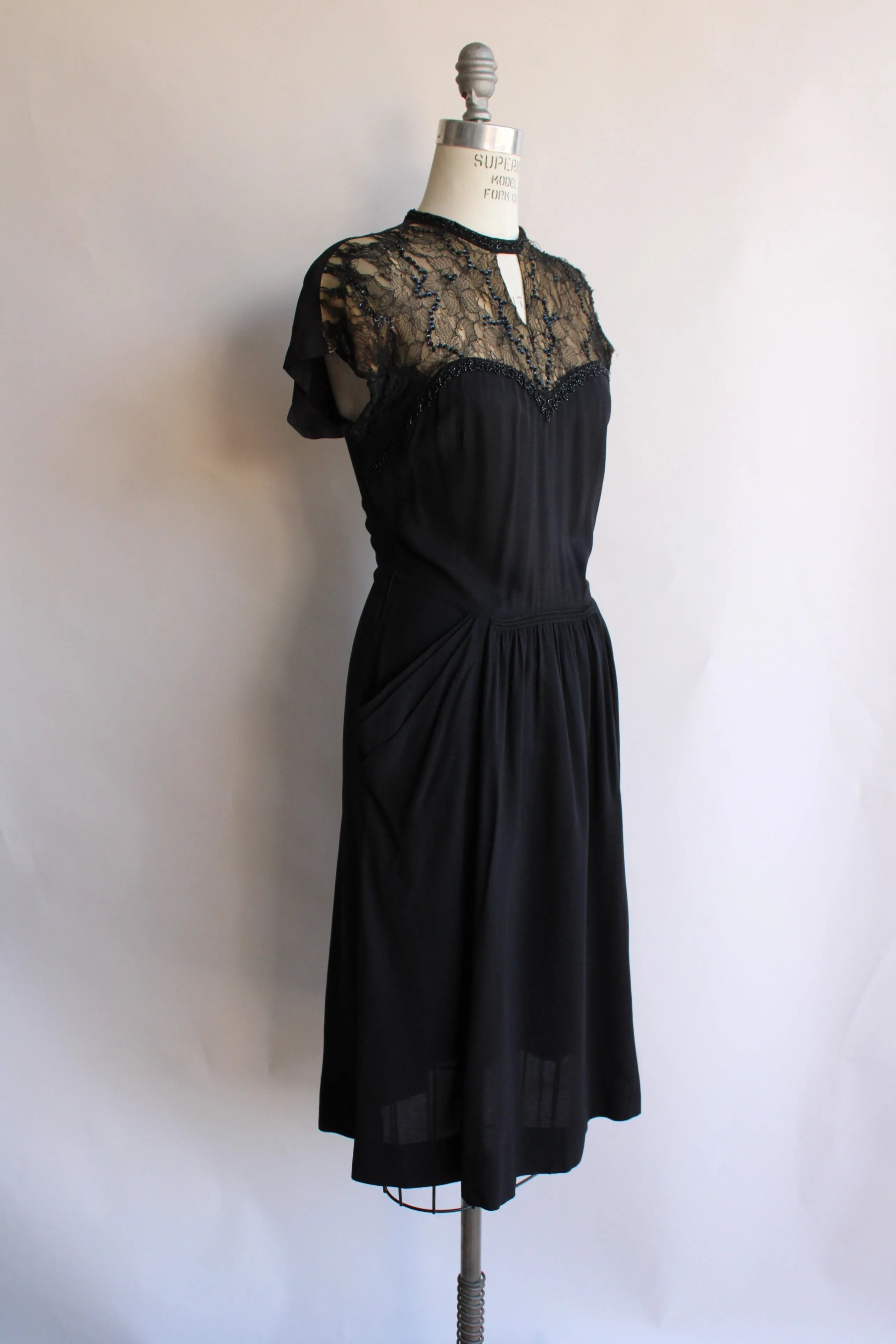 Vintage 1940s Black Dress With Illusion Lace Keyhole Neckline