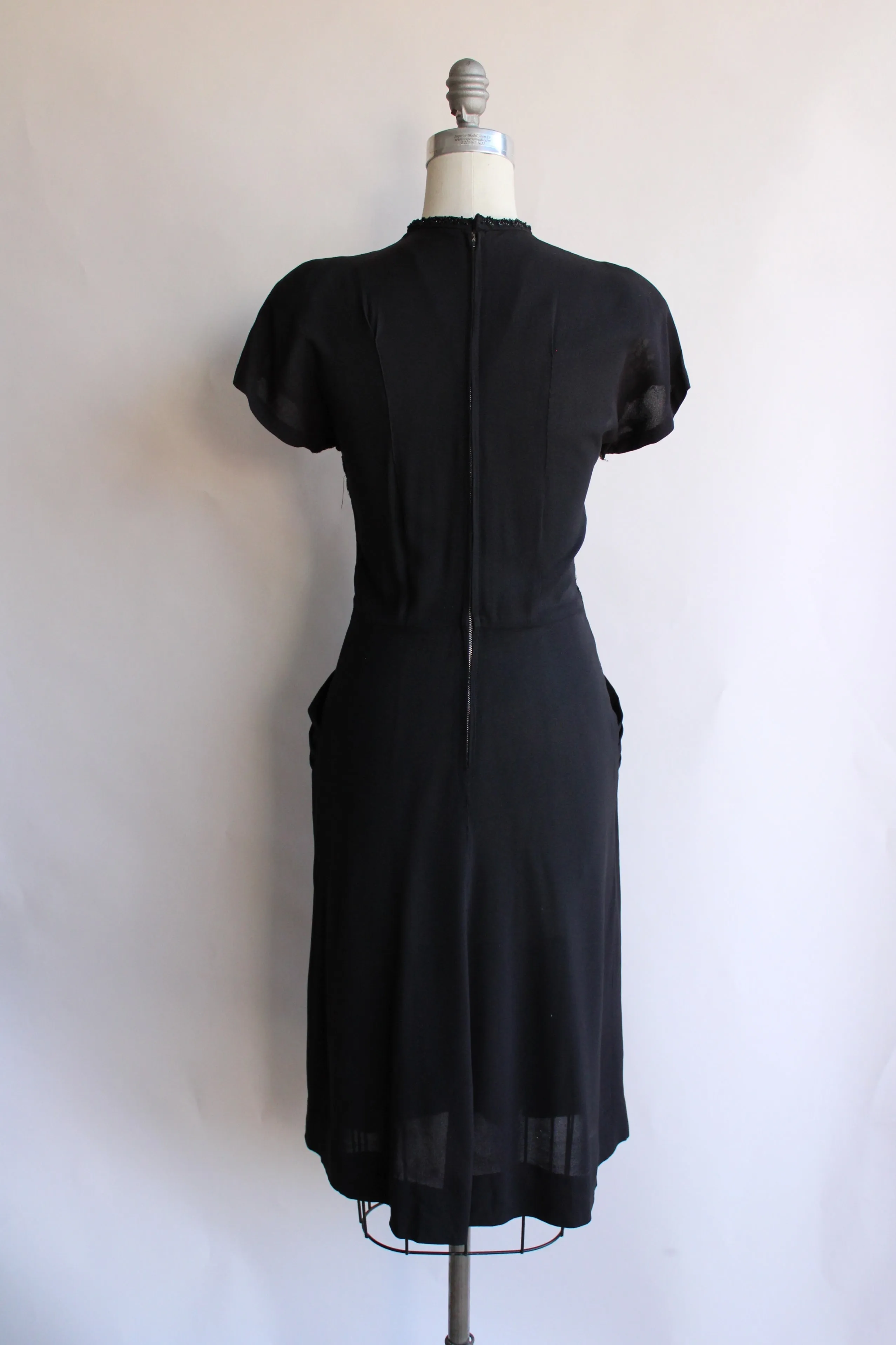 Vintage 1940s Black Dress With Illusion Lace Keyhole Neckline