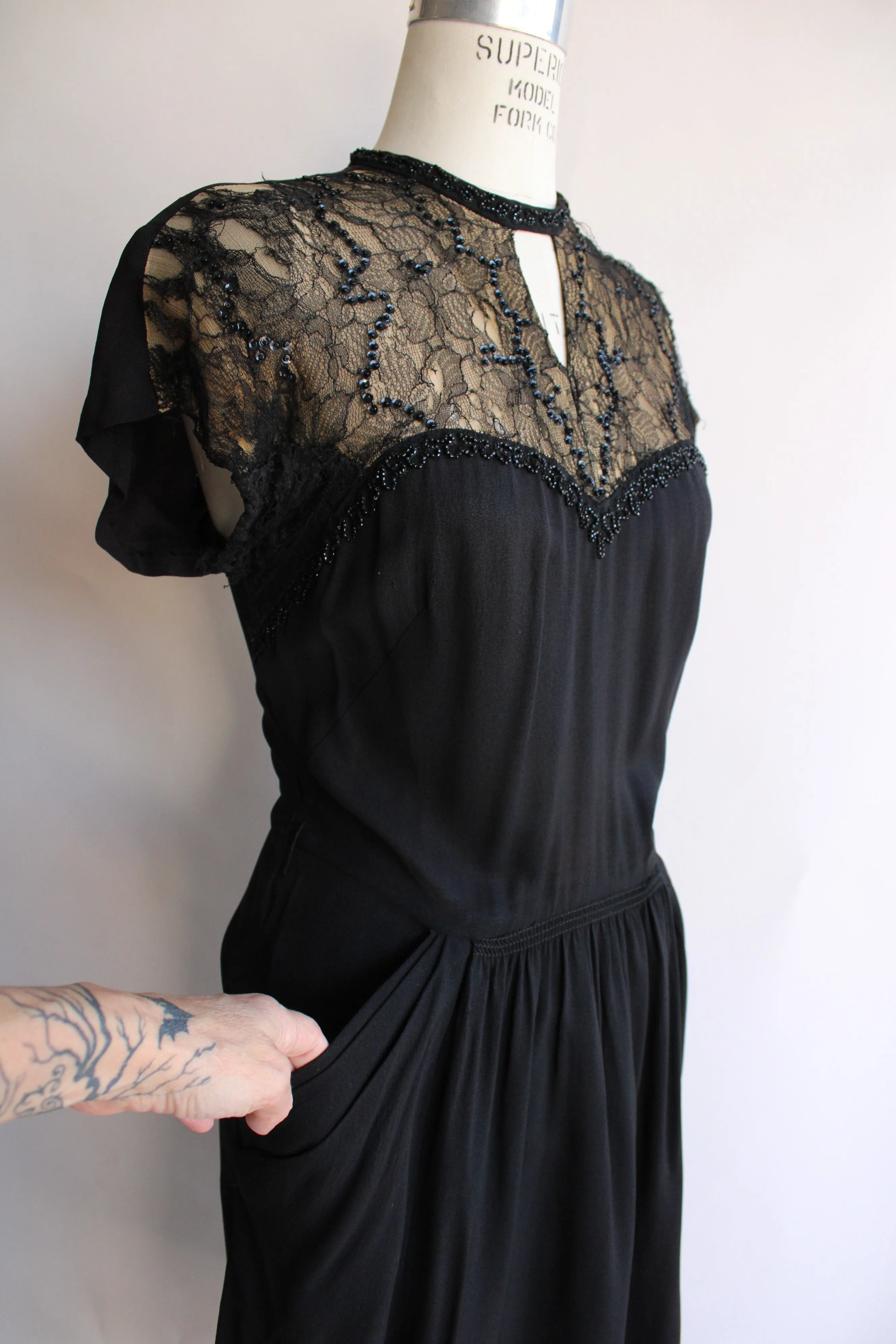 Vintage 1940s Black Dress With Illusion Lace Keyhole Neckline