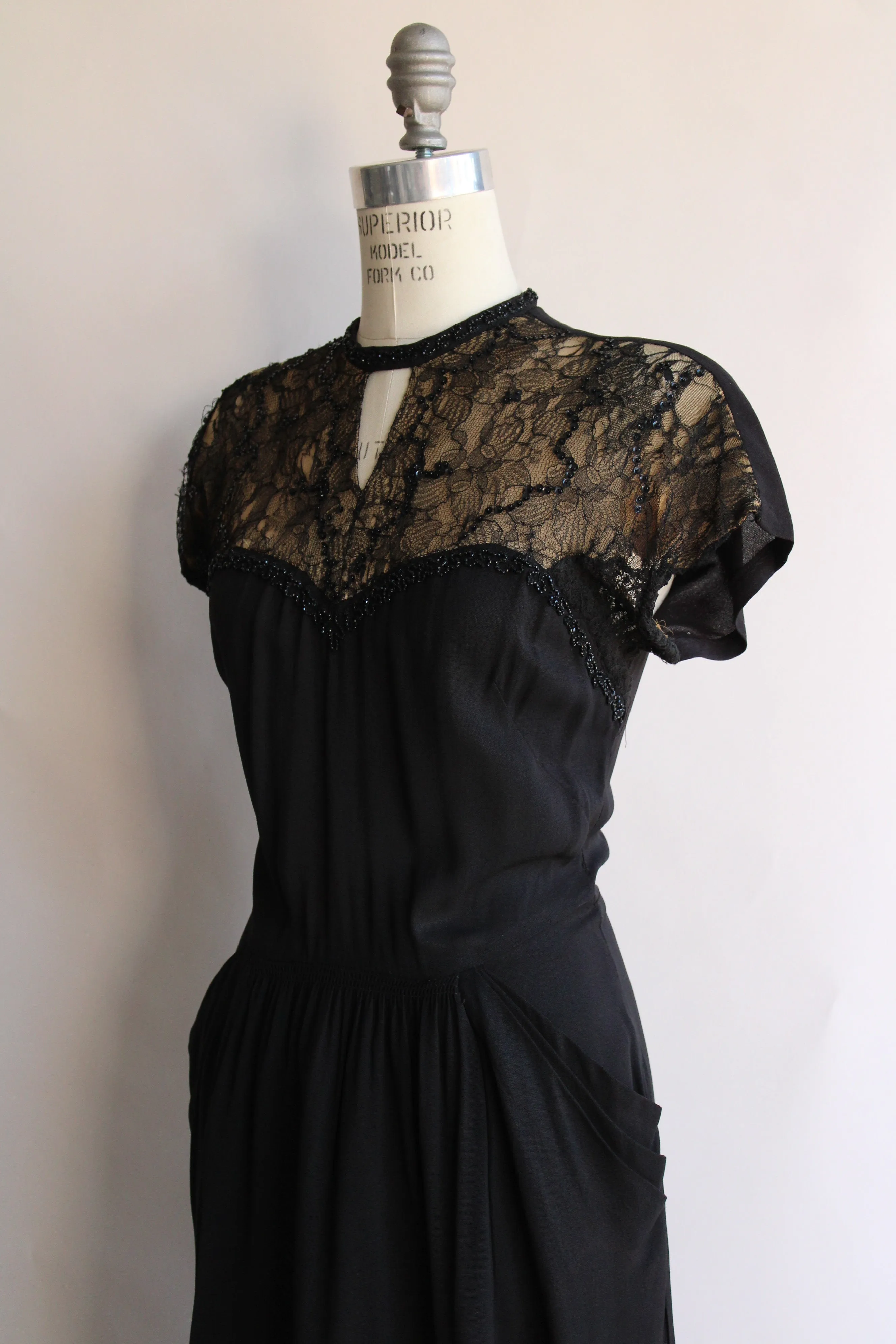 Vintage 1940s Black Dress With Illusion Lace Keyhole Neckline